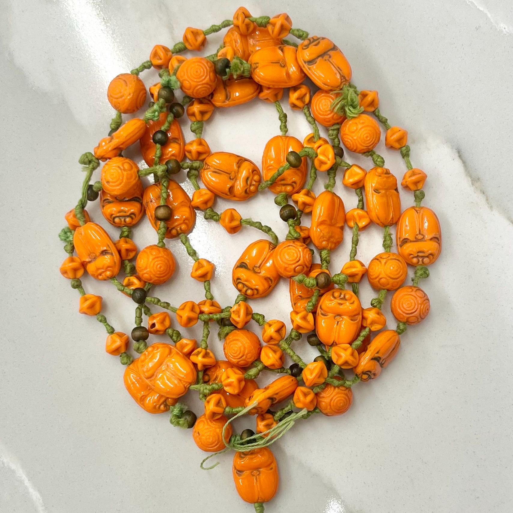 Vintage Art Deco Max Neiger Scarab Beetle Egyptian Revival Glass Bead Necklace 56” Long Orange & Green MillyOliverVintage