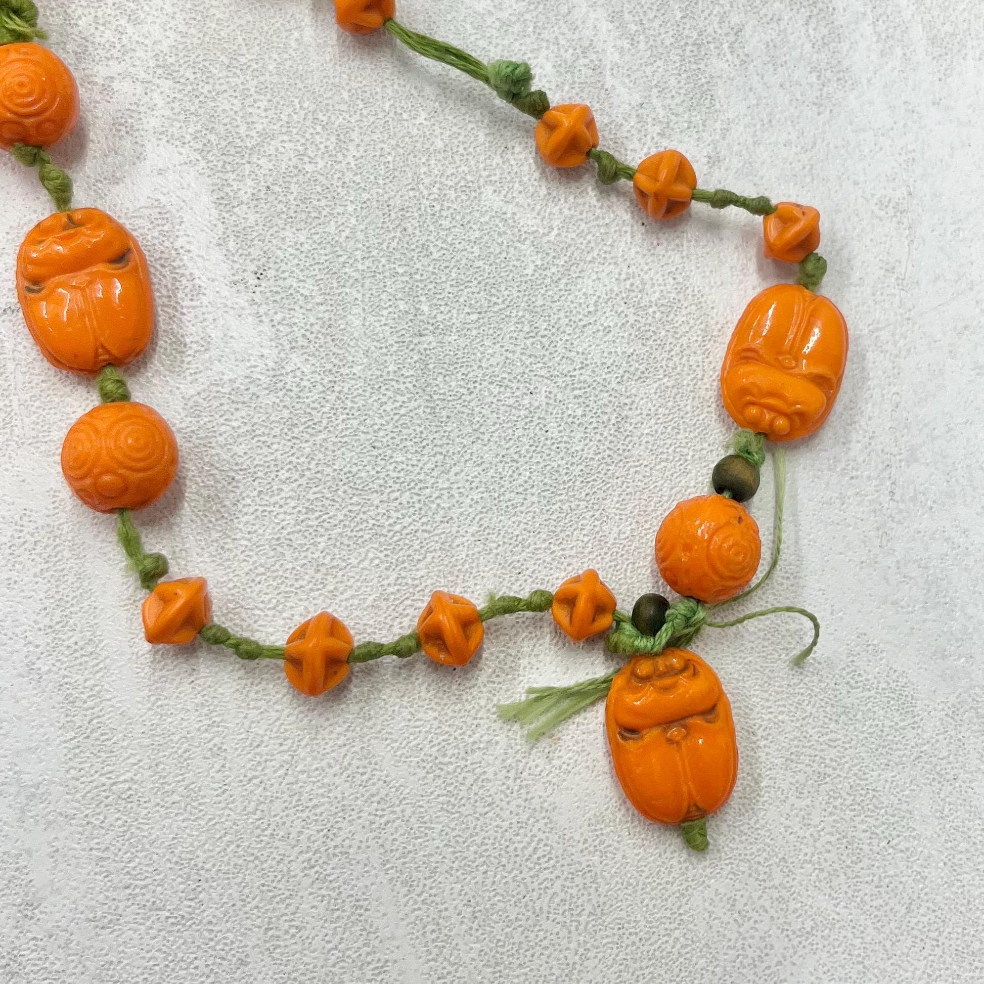Vintage Art Deco Max Neiger Scarab Beetle Egyptian Revival Glass Bead Necklace 56” Long Orange & Green MillyOliverVintage