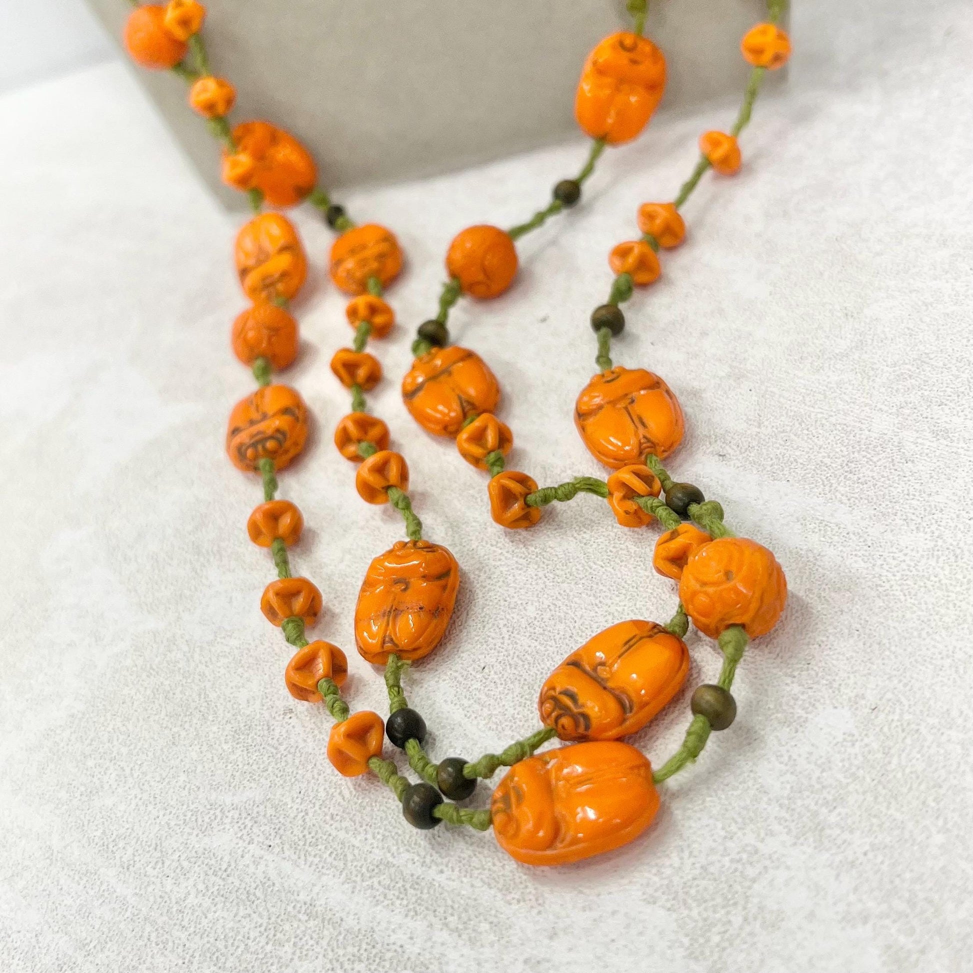Vintage Art Deco Max Neiger Scarab Beetle Egyptian Revival Glass Bead Necklace 56” Long Orange & Green MillyOliverVintage