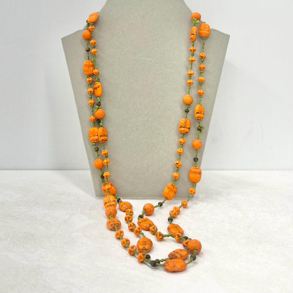 Vintage Art Deco Max Neiger Scarab Beetle Egyptian Revival Glass Bead Necklace 56” Long Orange & Green MillyOliverVintage
