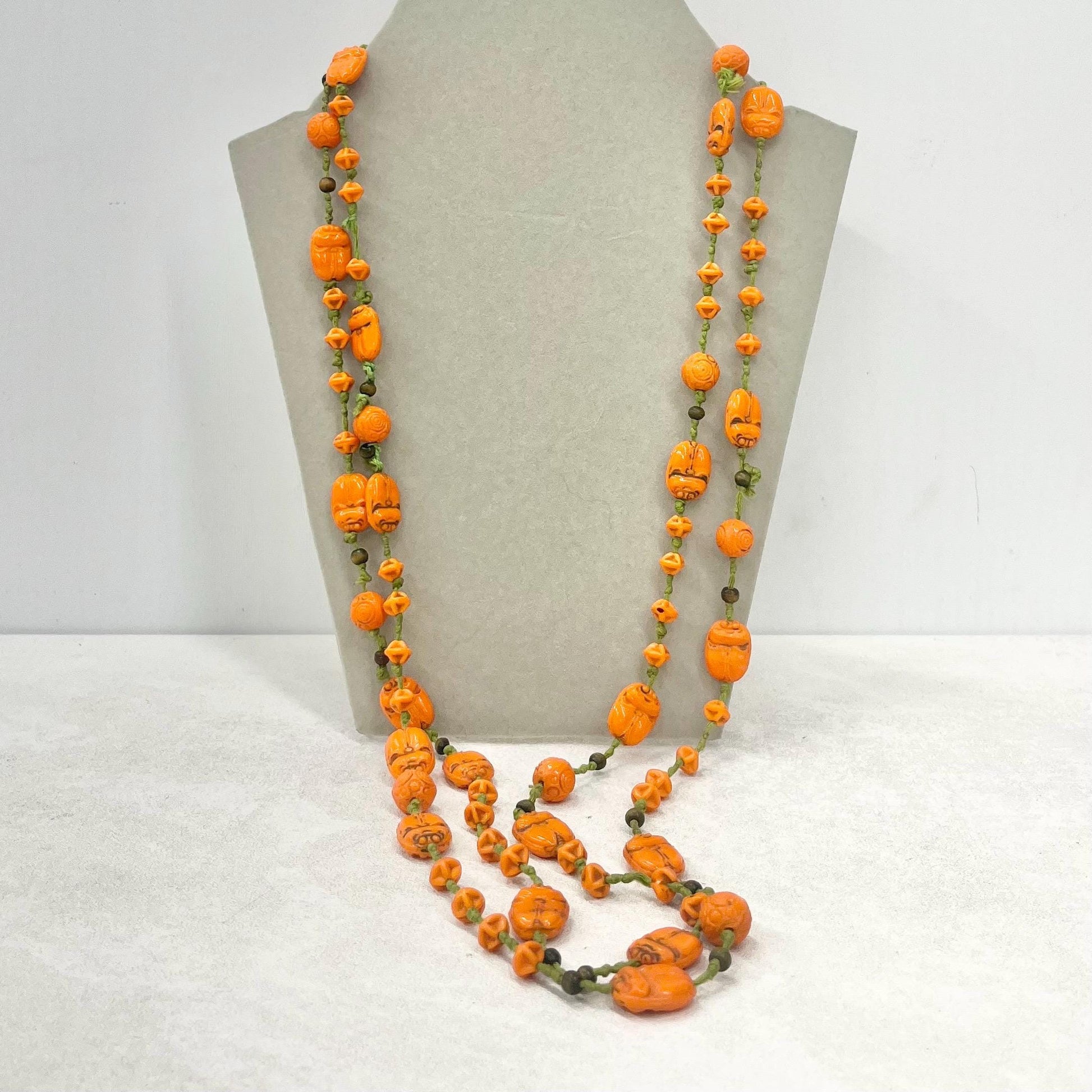 Vintage Art Deco Max Neiger Scarab Beetle Egyptian Revival Glass Bead Necklace 56” Long Orange & Green MillyOliverVintage