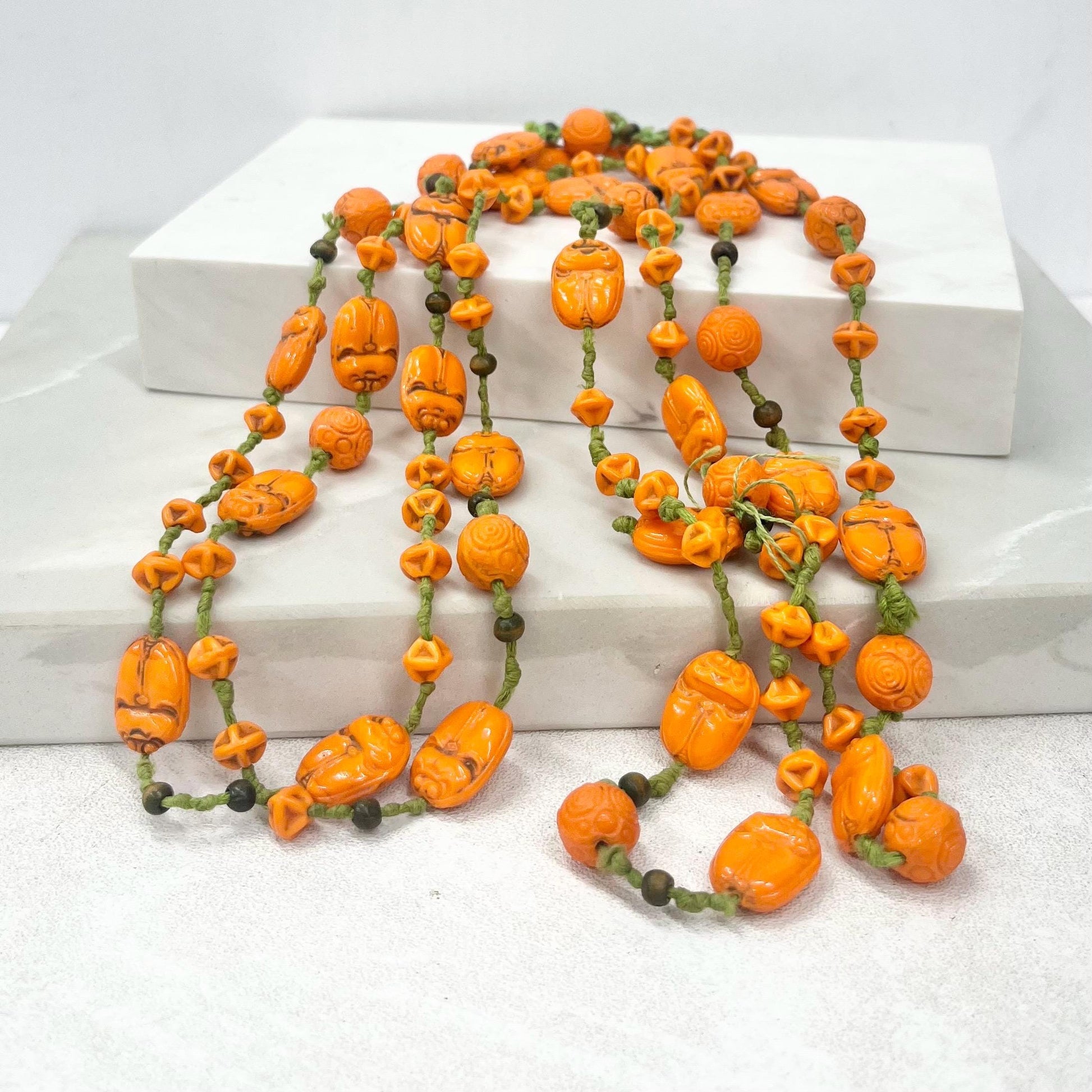 Vintage Art Deco Max Neiger Scarab Beetle Egyptian Revival Glass Bead Necklace 56” Long Orange & Green MillyOliverVintage