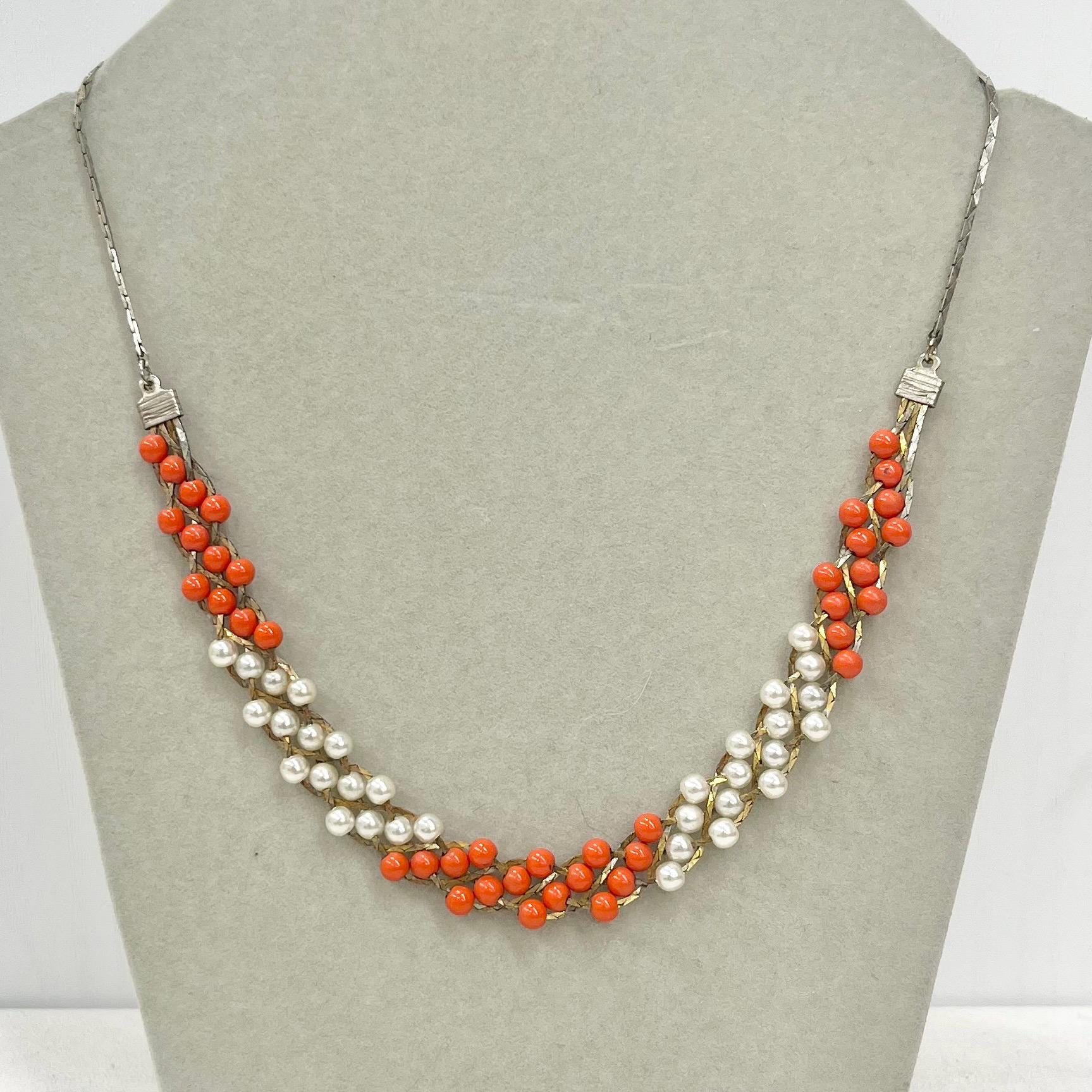 Vintage 16” Silver / Gold Tone Plaited Bead Faux Pearl Chain Necklace 1970’s - 1980’s Orange & White MillyOliverVintage
