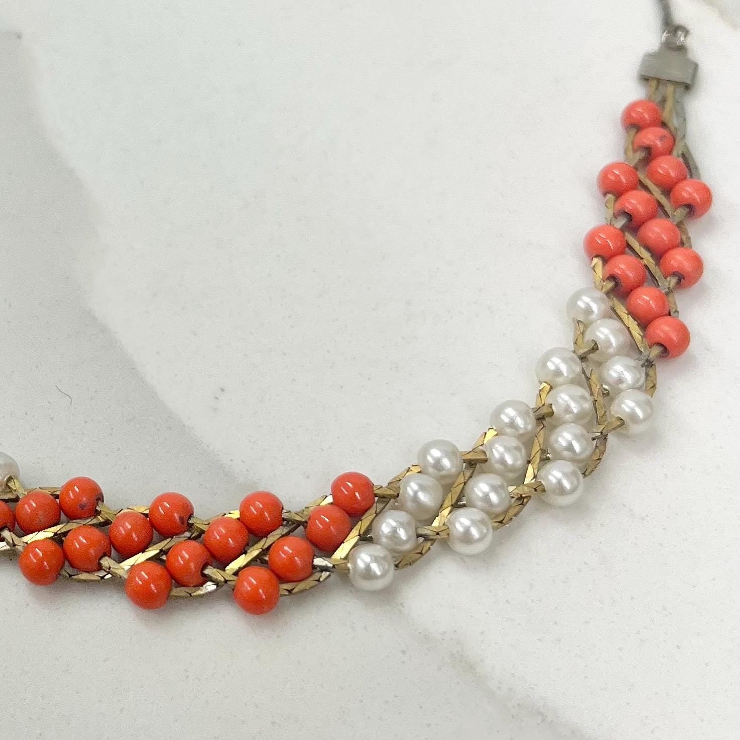 Vintage 16” Silver / Gold Tone Plaited Bead Faux Pearl Chain Necklace 1970’s - 1980’s Orange & White MillyOliverVintage