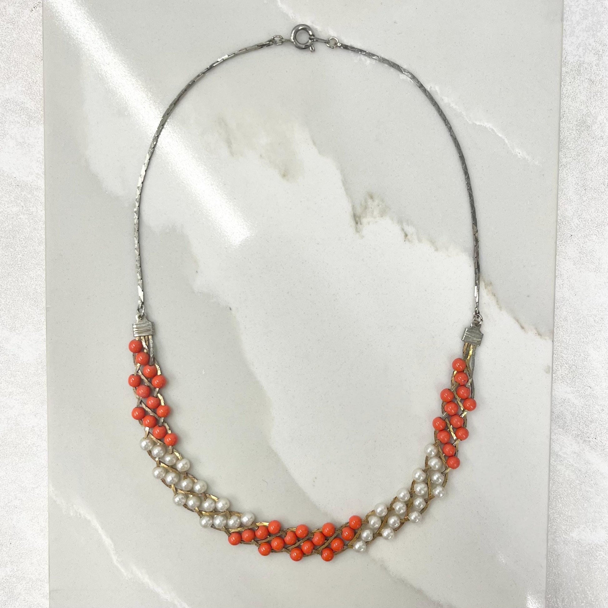 Vintage 16” Silver / Gold Tone Plaited Bead Faux Pearl Chain Necklace 1970’s - 1980’s Orange & White MillyOliverVintage