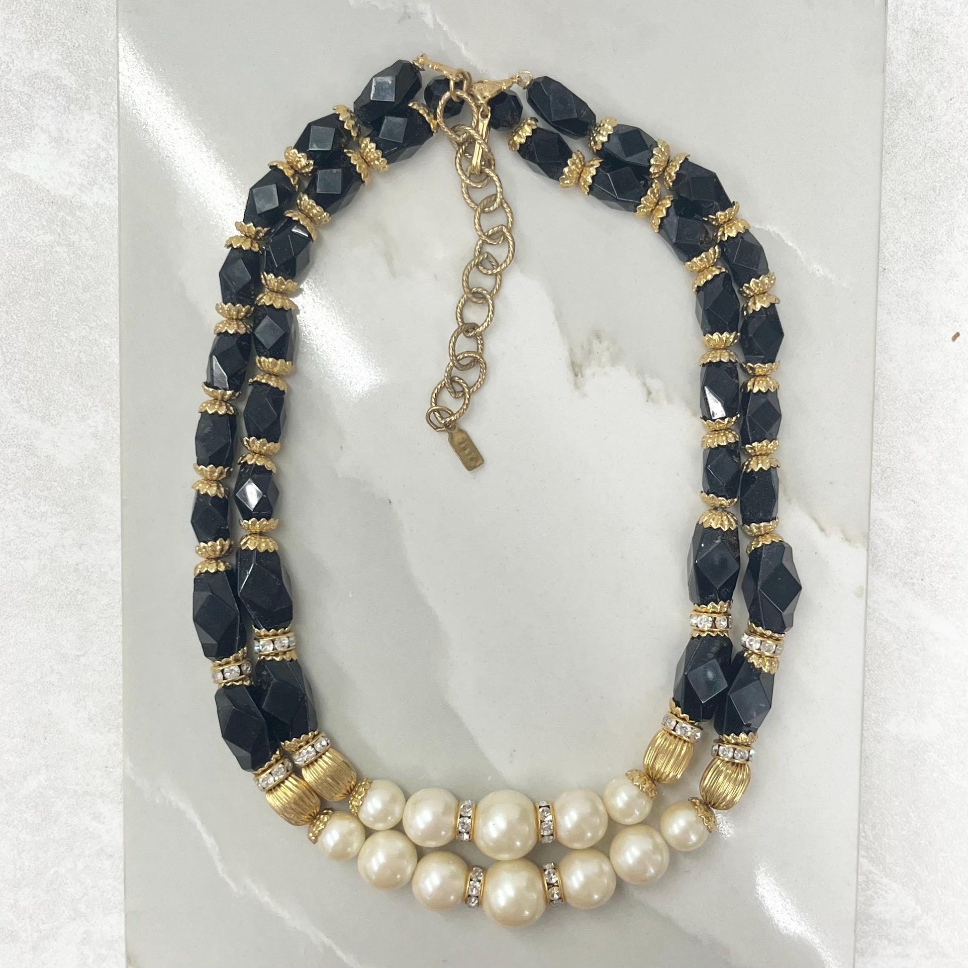 Vintage Two Strand Black & Cream Faux Pearl Acrylic Bead Necklace Signed 1928 16” with a 4” Extender Chain MillyOliverVintage