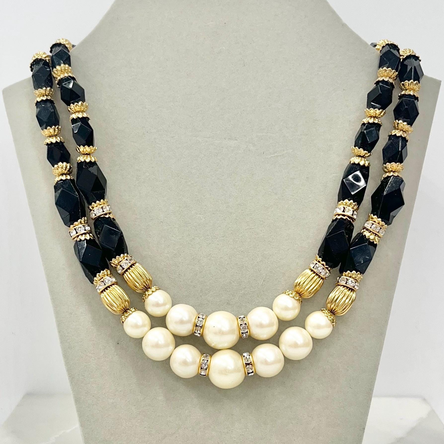 Vintage Two Strand Black & Cream Faux Pearl Acrylic Bead Necklace Signed 1928 16” with a 4” Extender Chain MillyOliverVintage