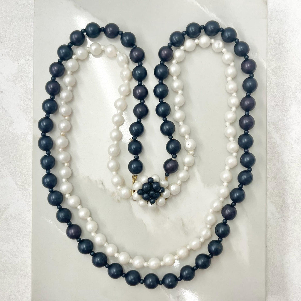 Vintage Two Strand Black/Navy & White Faux Pearl Acrylic Bead Necklace Signed Empire Made 23” Long MillyOliverVintage