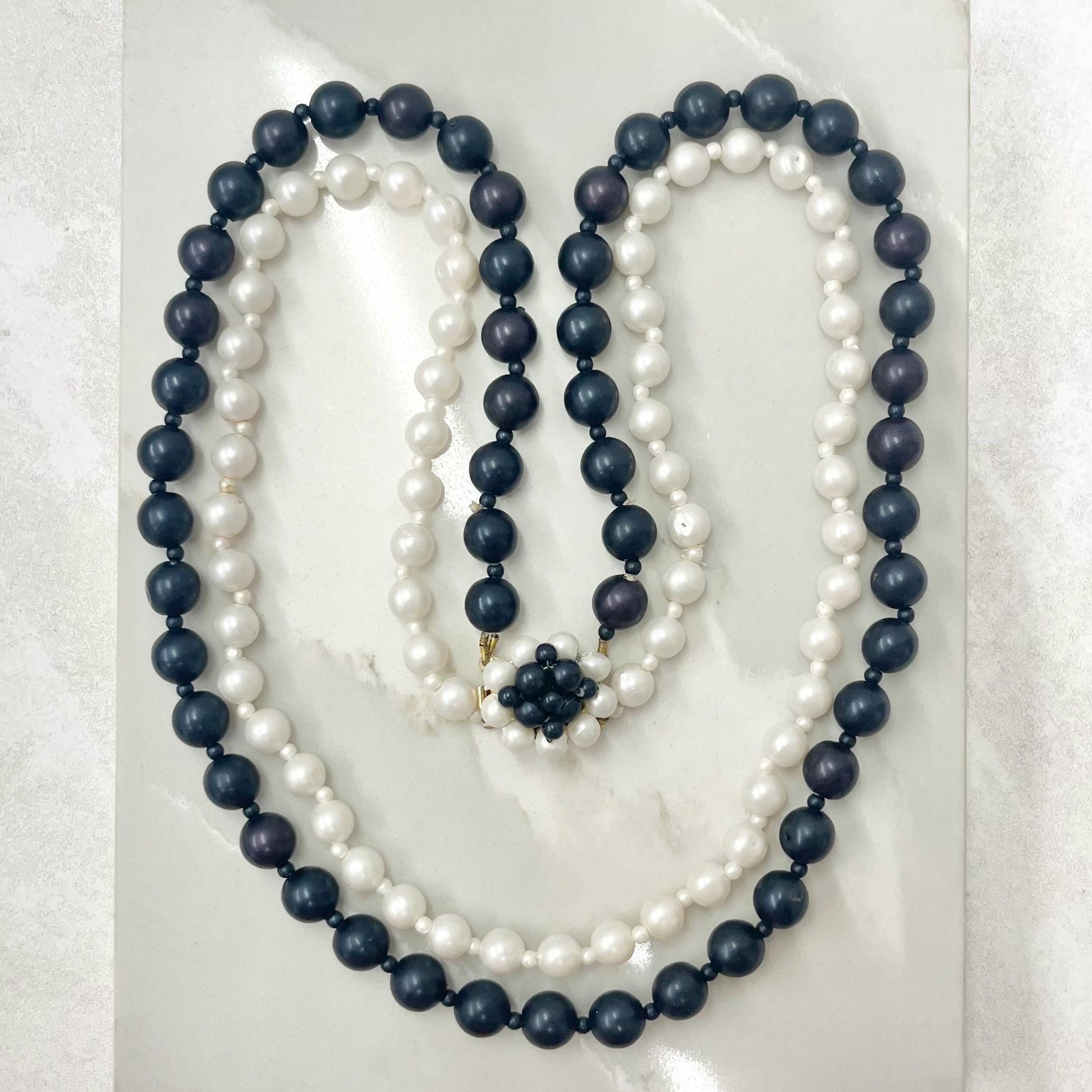 Vintage Two Strand Black/Navy & White Faux Pearl Acrylic Bead Necklace Signed Empire Made 23” Long MillyOliverVintage