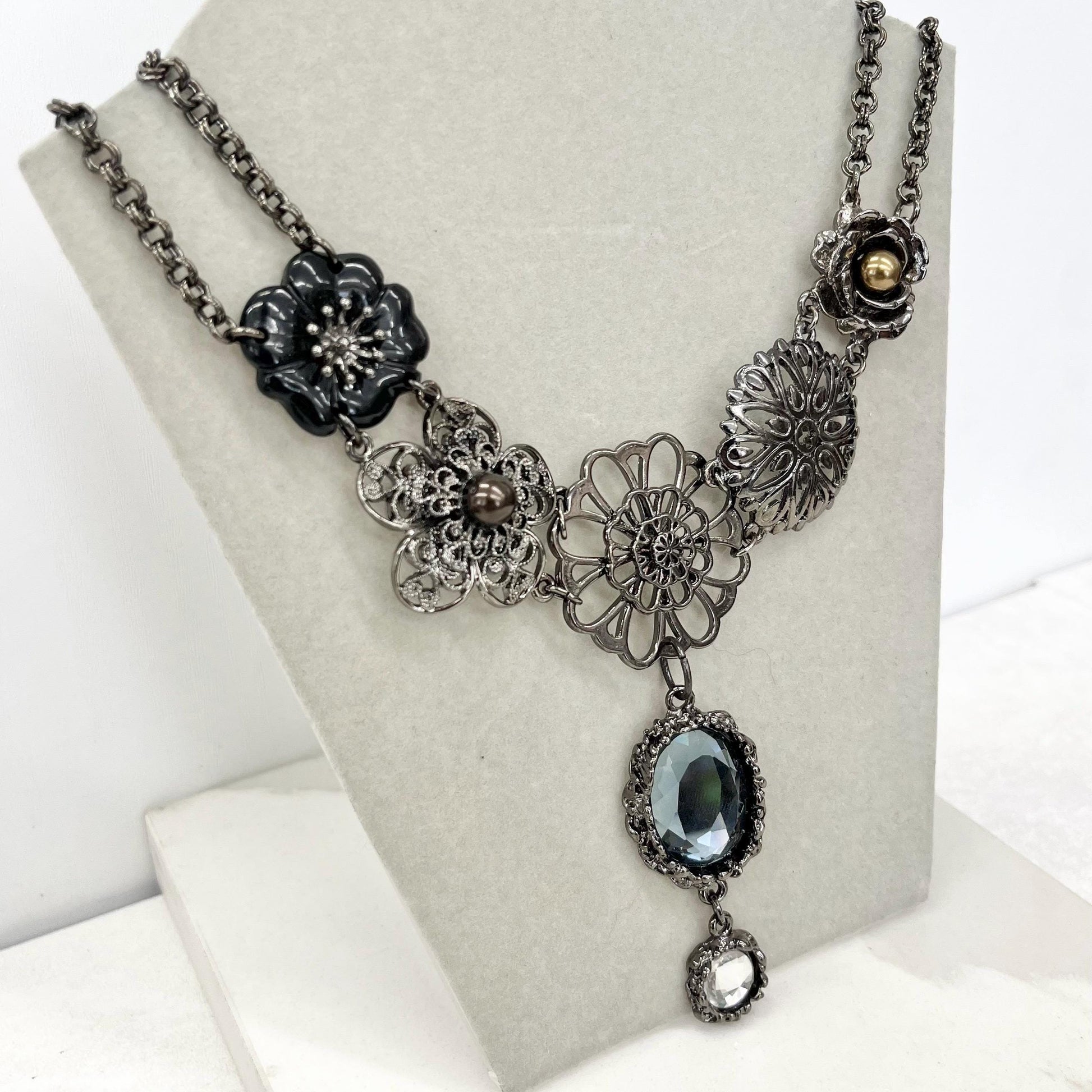 Gothic Inspired Gunmetal Grey Statement Crystal Drop Necklace - by Milly Oliver MillyOliverVintage
