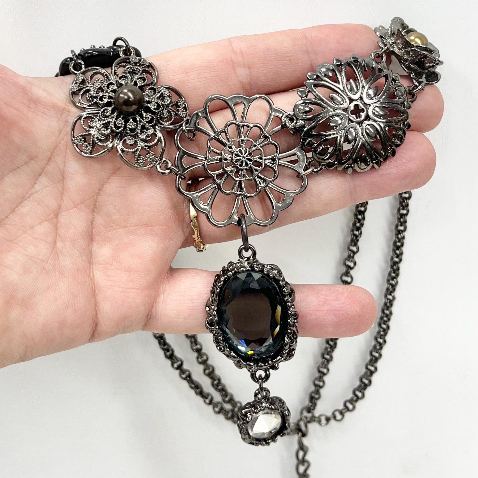 Gothic Inspired Gunmetal Grey Statement Crystal Drop Necklace - by Milly Oliver MillyOliverVintage