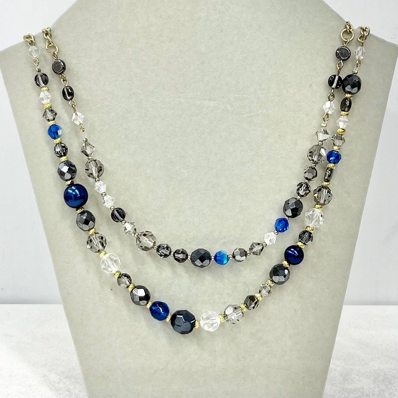Two Strand Blue Grey & Clear Swarovski Crystal Beaded Necklace 17” with a 3” Extender Chain - by Milly Oliver MillyOliverVintage