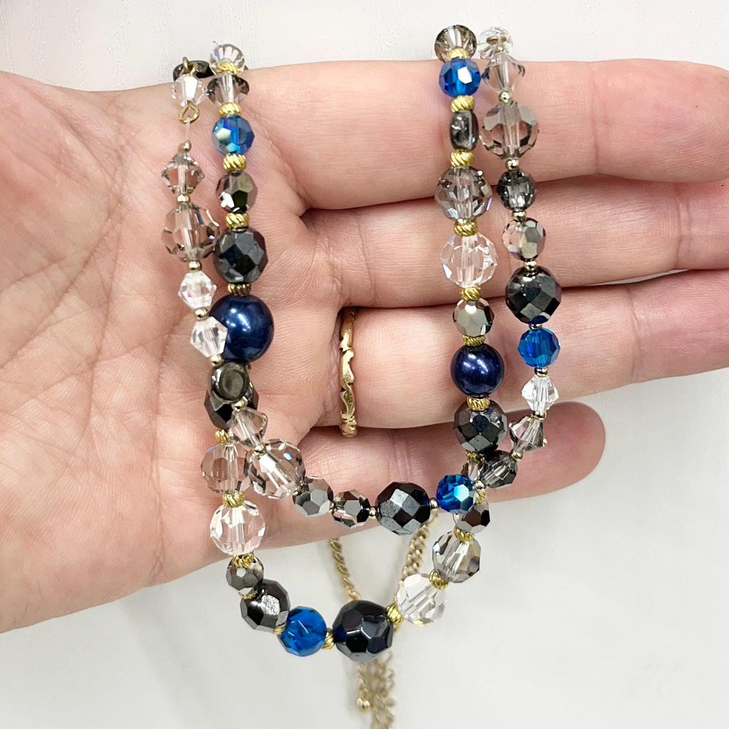 Two Strand Blue Grey & Clear Swarovski Crystal Beaded Necklace 17” with a 3” Extender Chain - by Milly Oliver MillyOliverVintage