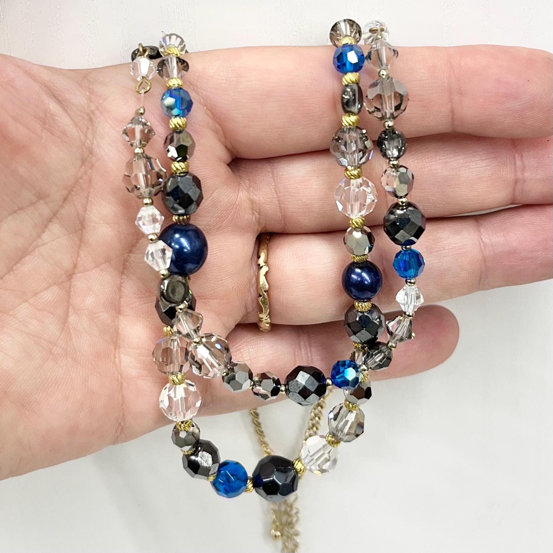 Two Strand Blue Grey & Clear Swarovski Crystal Beaded Necklace 17” with a 3” Extender Chain - by Milly Oliver MillyOliverVintage