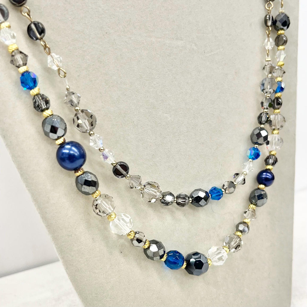 Two Strand Blue Grey & Clear Swarovski Crystal Beaded Necklace 17” with a 3” Extender Chain - by Milly Oliver MillyOliverVintage