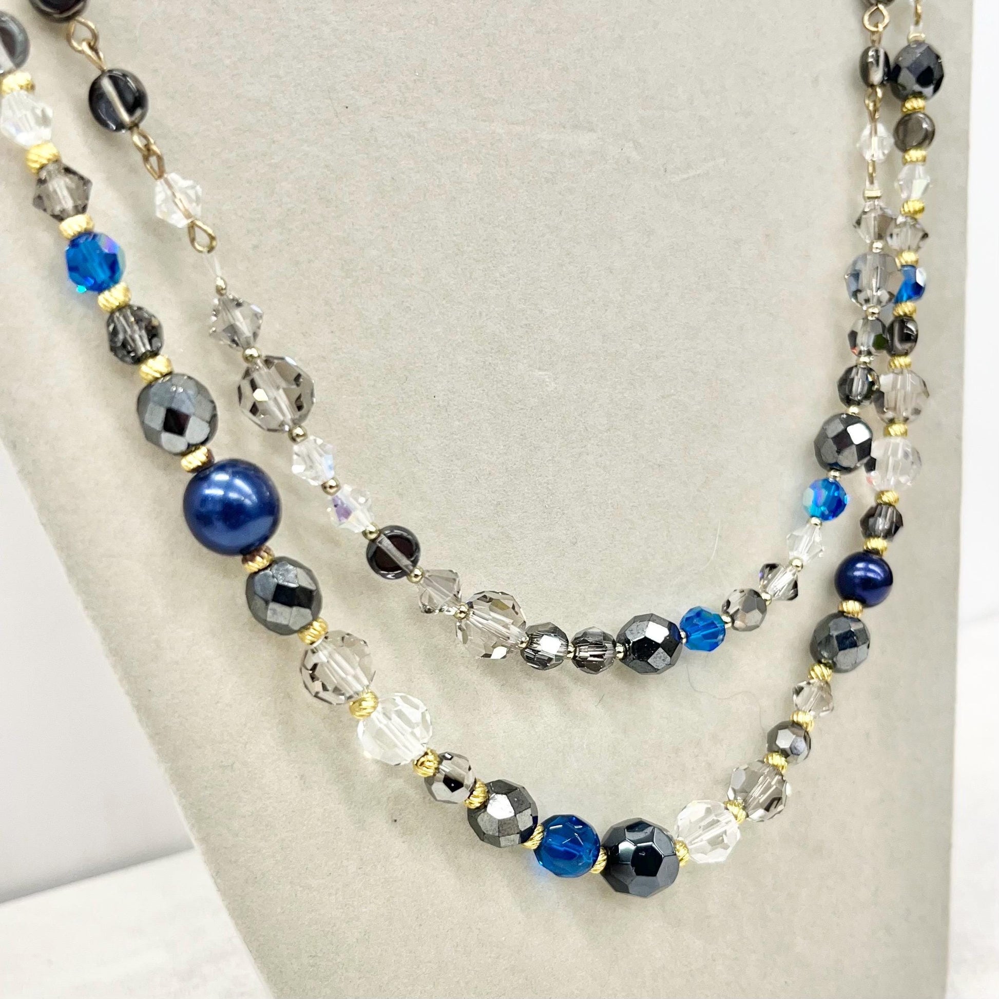 Two Strand Blue Grey & Clear Swarovski Crystal Beaded Necklace 17” with a 3” Extender Chain - by Milly Oliver MillyOliverVintage