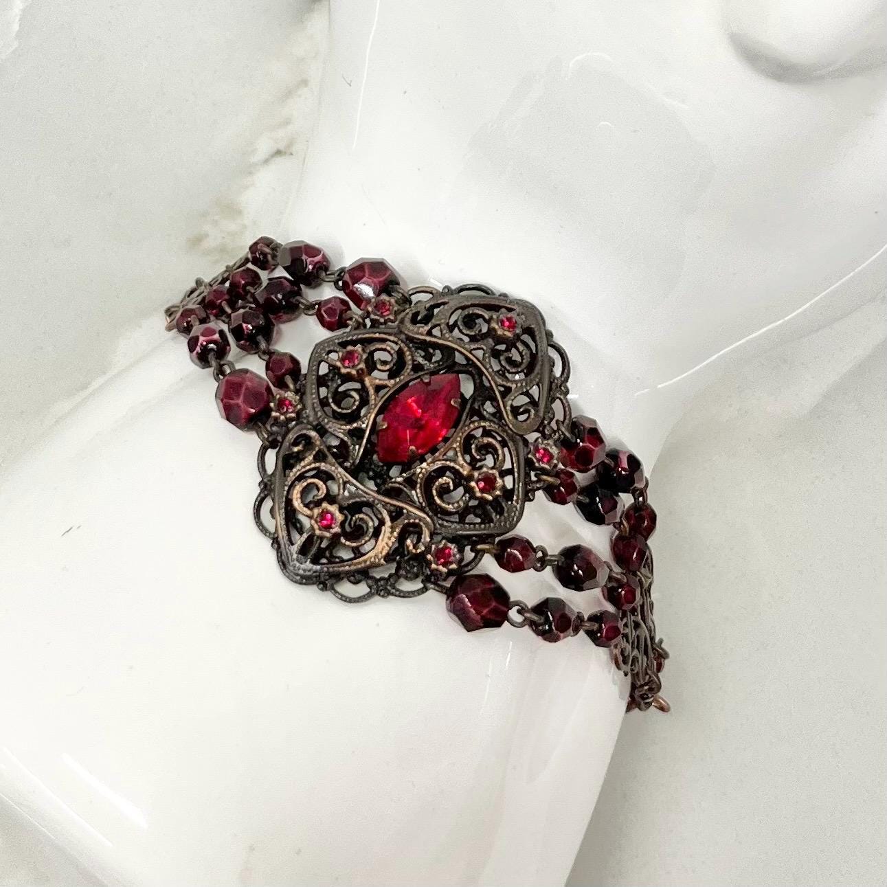 Victorian Gothic Inspired Antiqued Copper Burgundy and Red Crystal Bracelet - by Milly Oliver MillyOliverVintage
