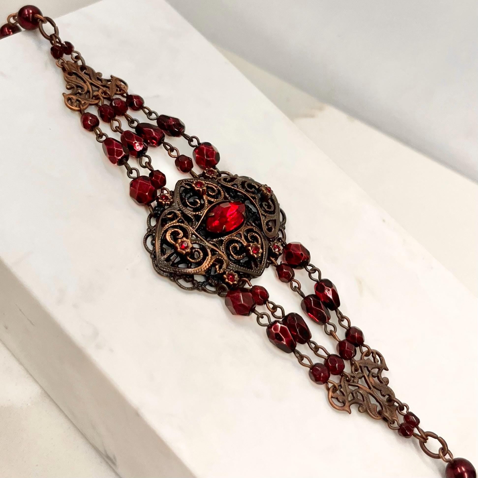 Victorian Gothic Inspired Antiqued Copper Burgundy and Red Crystal Bracelet - by Milly Oliver MillyOliverVintage