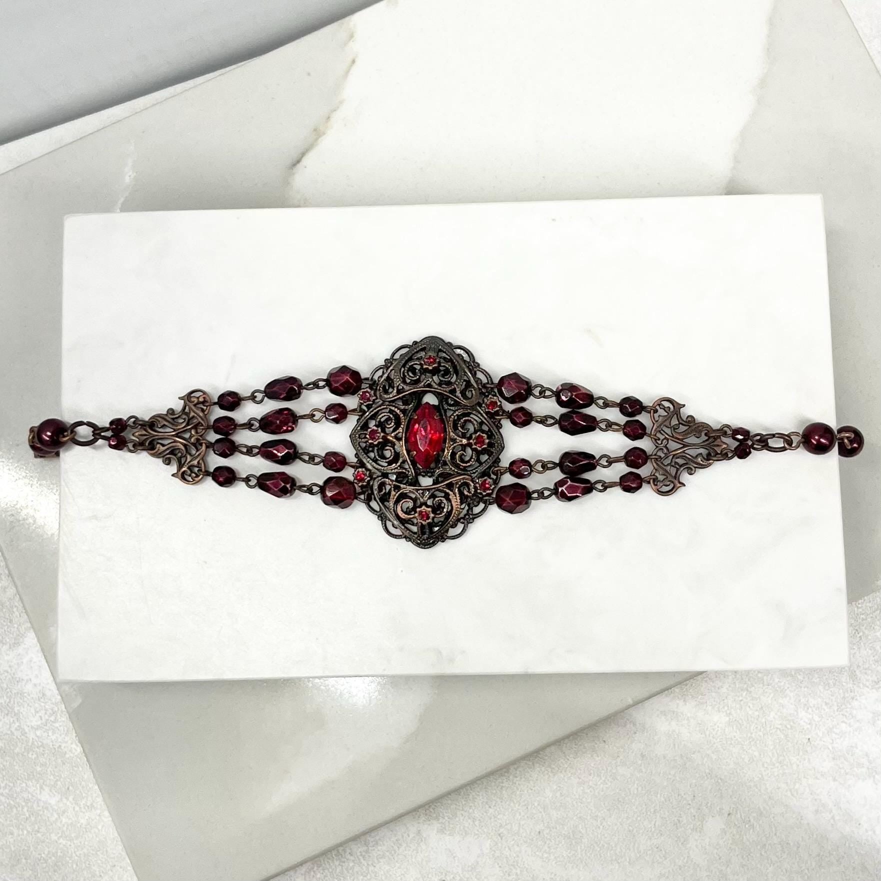 Victorian Gothic Inspired Antiqued Copper Burgundy and Red Crystal Bracelet - by Milly Oliver MillyOliverVintage