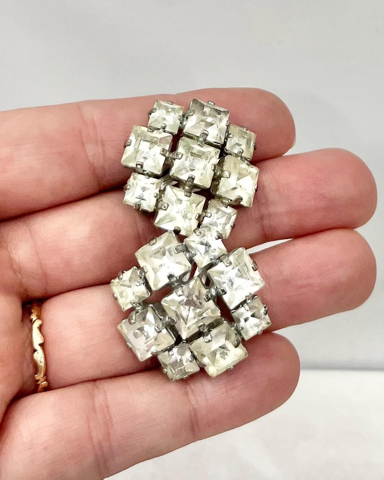 Vintage Square Clear Glass Crystal Silver Tone Clip On Earrings Statement Size MillyOliverVintage