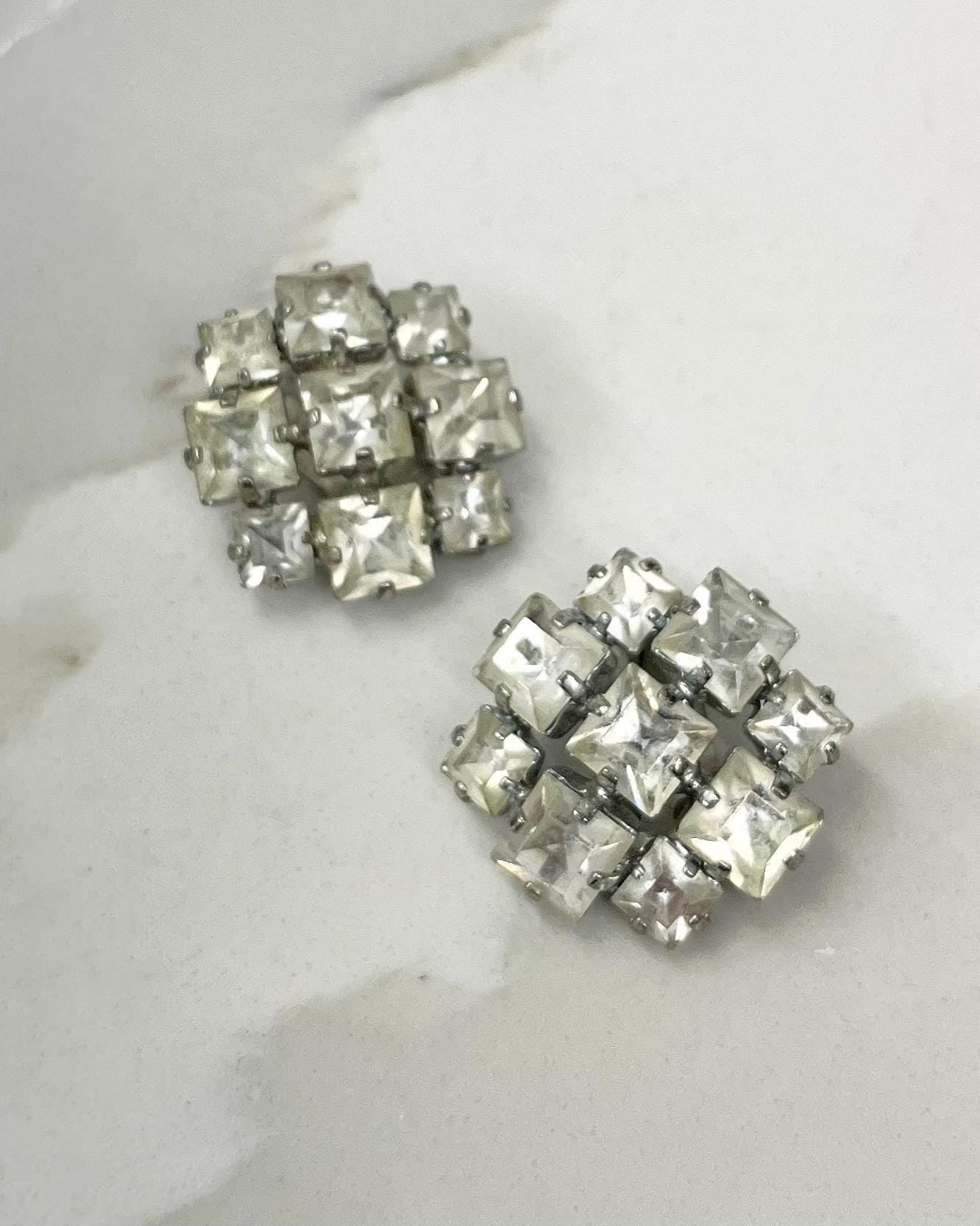 Vintage Square Clear Glass Crystal Silver Tone Clip On Earrings Statement Size MillyOliverVintage