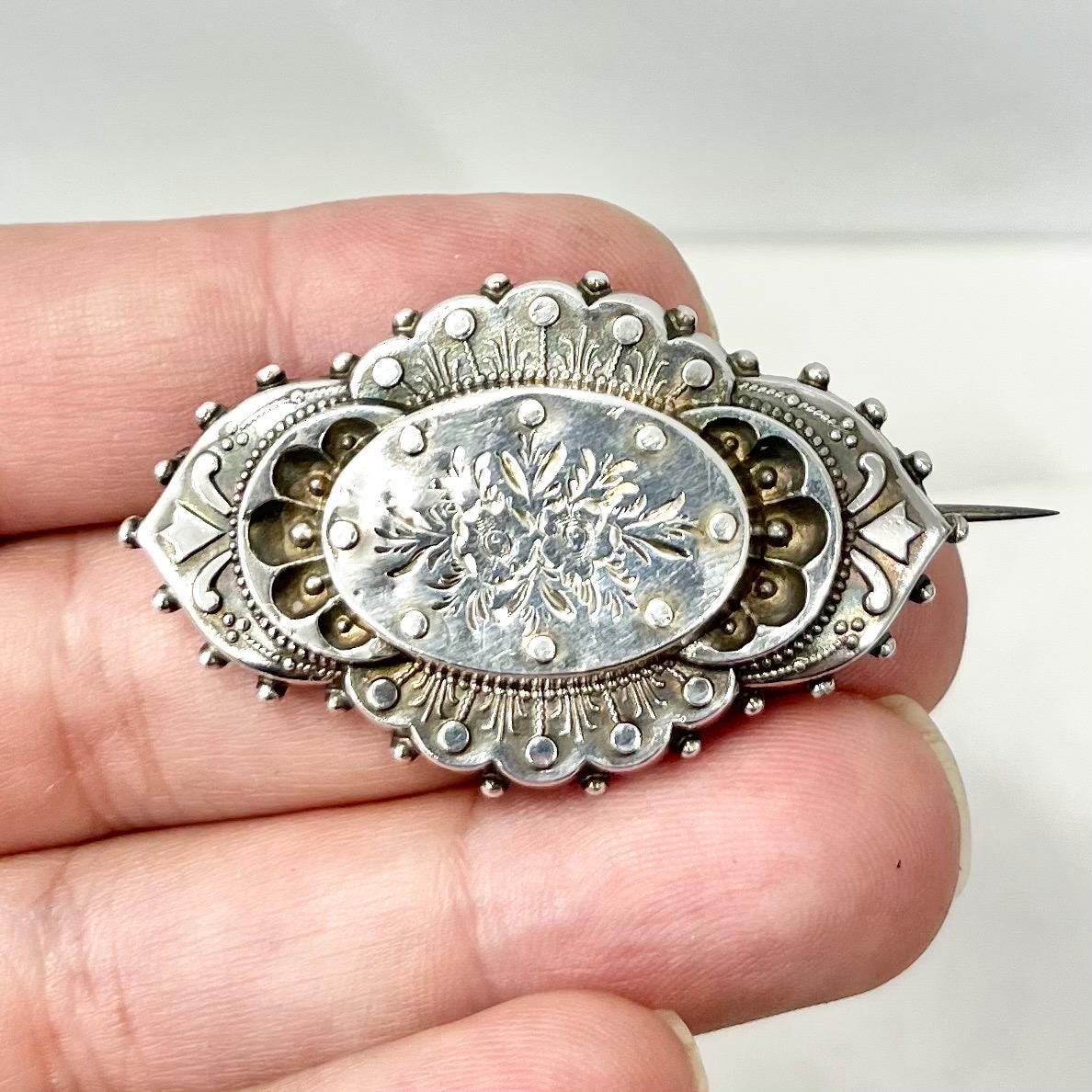 Antique Victorian Floral Engraved Sterling Silver Brooch Fully Hallmarked Birmingham 1882 1883 MillyOliverVintage