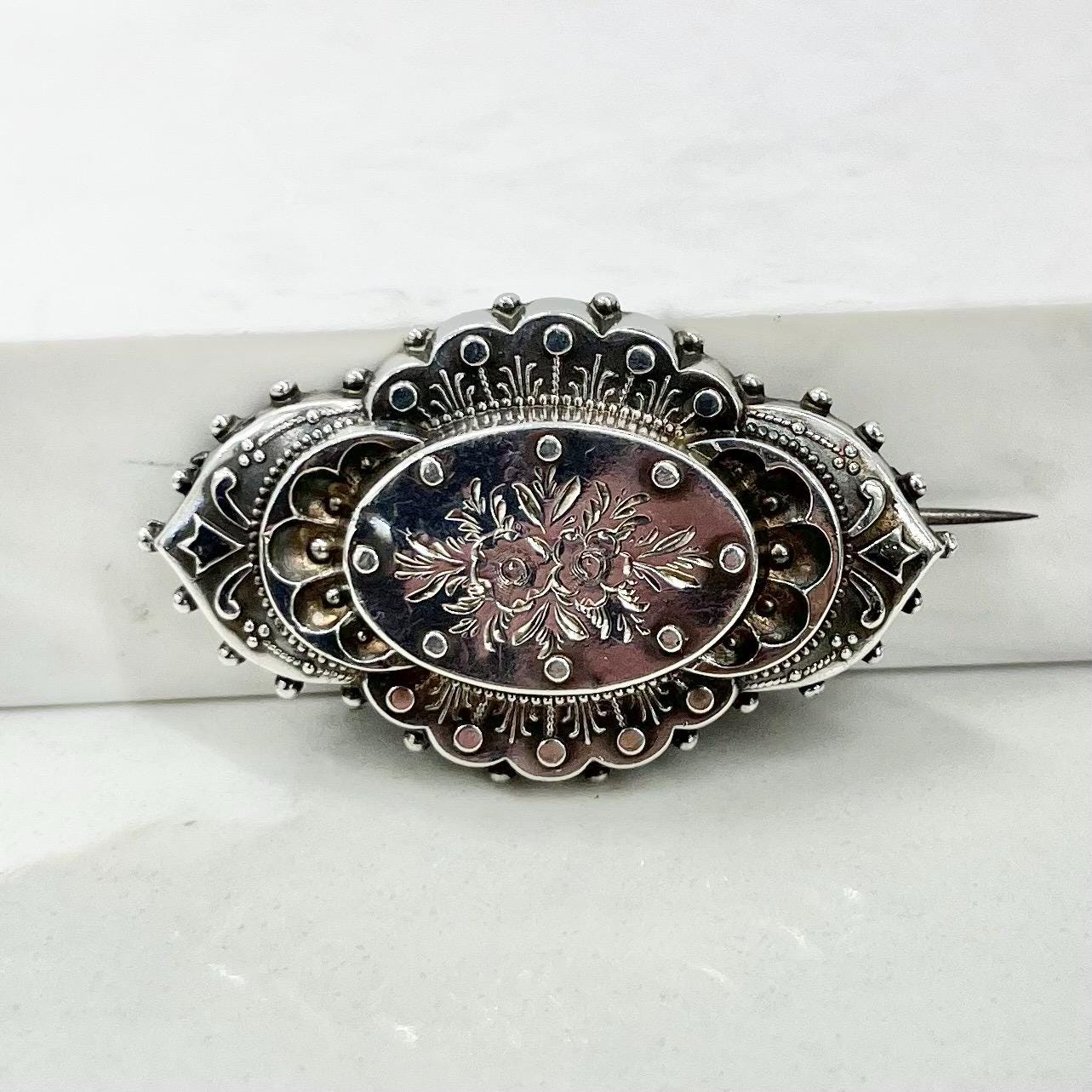 Antique Victorian Floral Engraved Sterling Silver Brooch Fully Hallmarked Birmingham 1882 1883 MillyOliverVintage