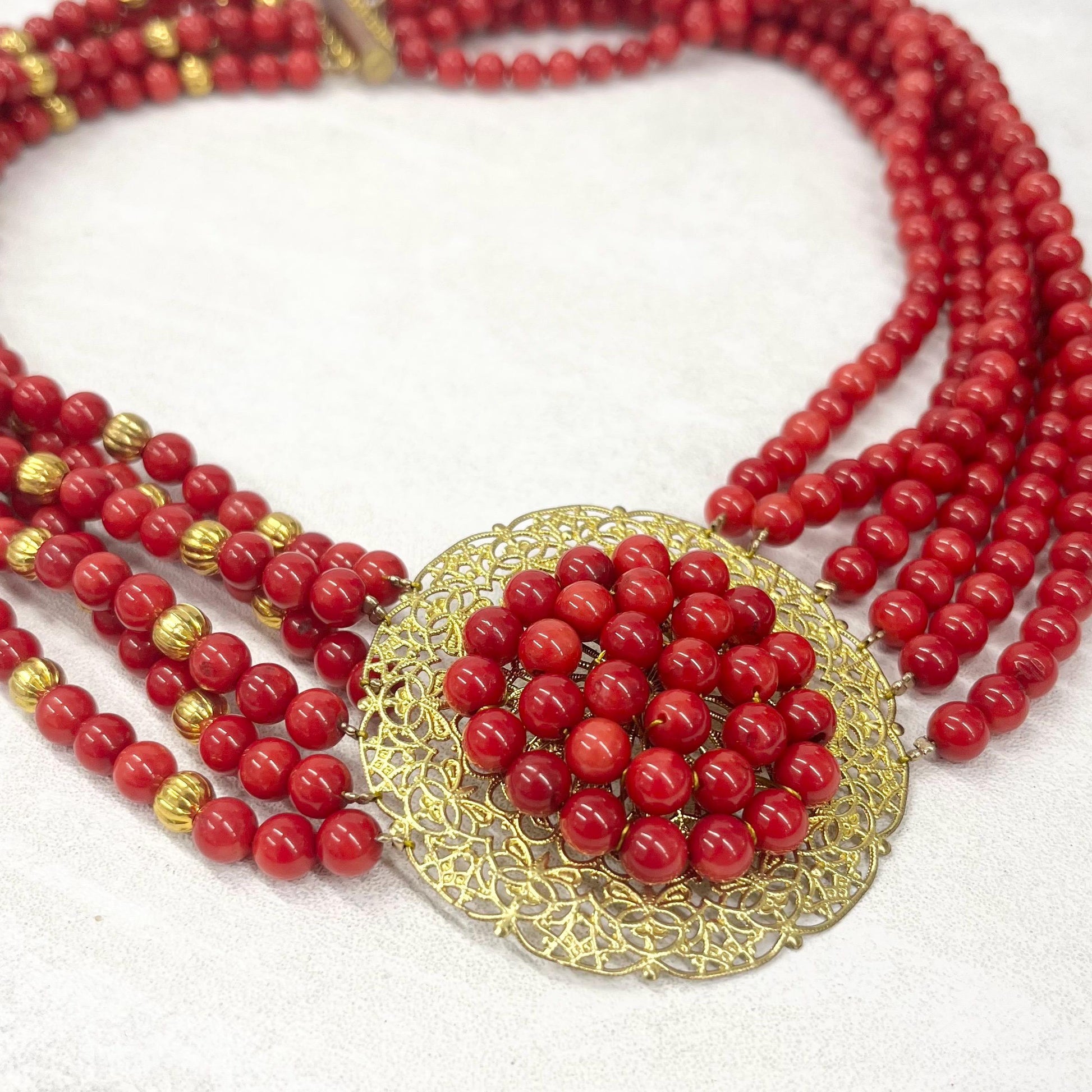 Vintage Red Coral Multi Strand Choker Necklace Statement Red Carpet Piece MillyOliverVintage