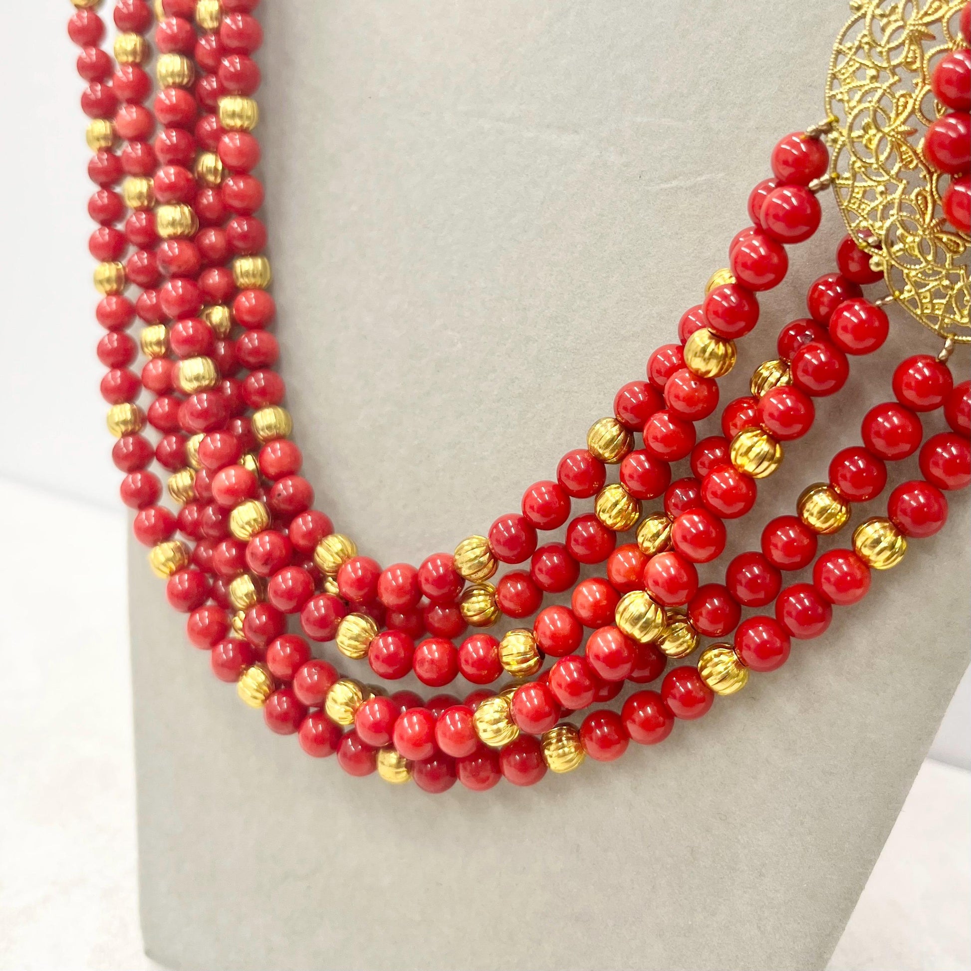 Vintage Red Coral Multi Strand Choker Necklace Statement Red Carpet Piece MillyOliverVintage