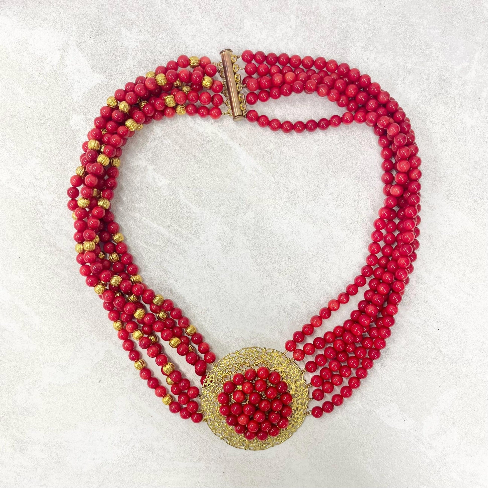 Vintage Red Coral Multi Strand Choker Necklace Statement Red Carpet Piece MillyOliverVintage