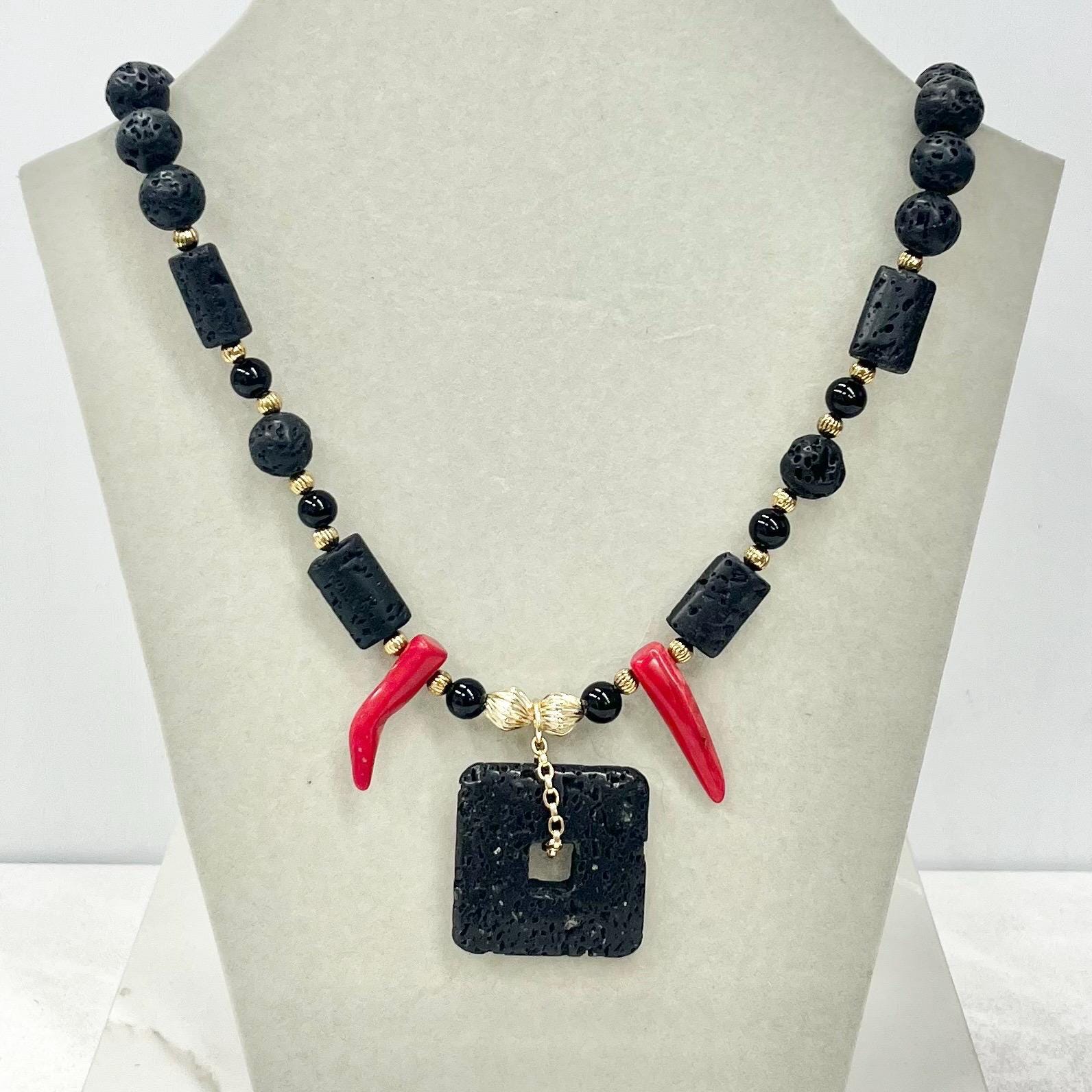 Vintage Black Lava Beaded & Red Coral Chunky Bead Necklace with Golden Accents Long 18” - Milly Oliver Design MillyOliverVintage