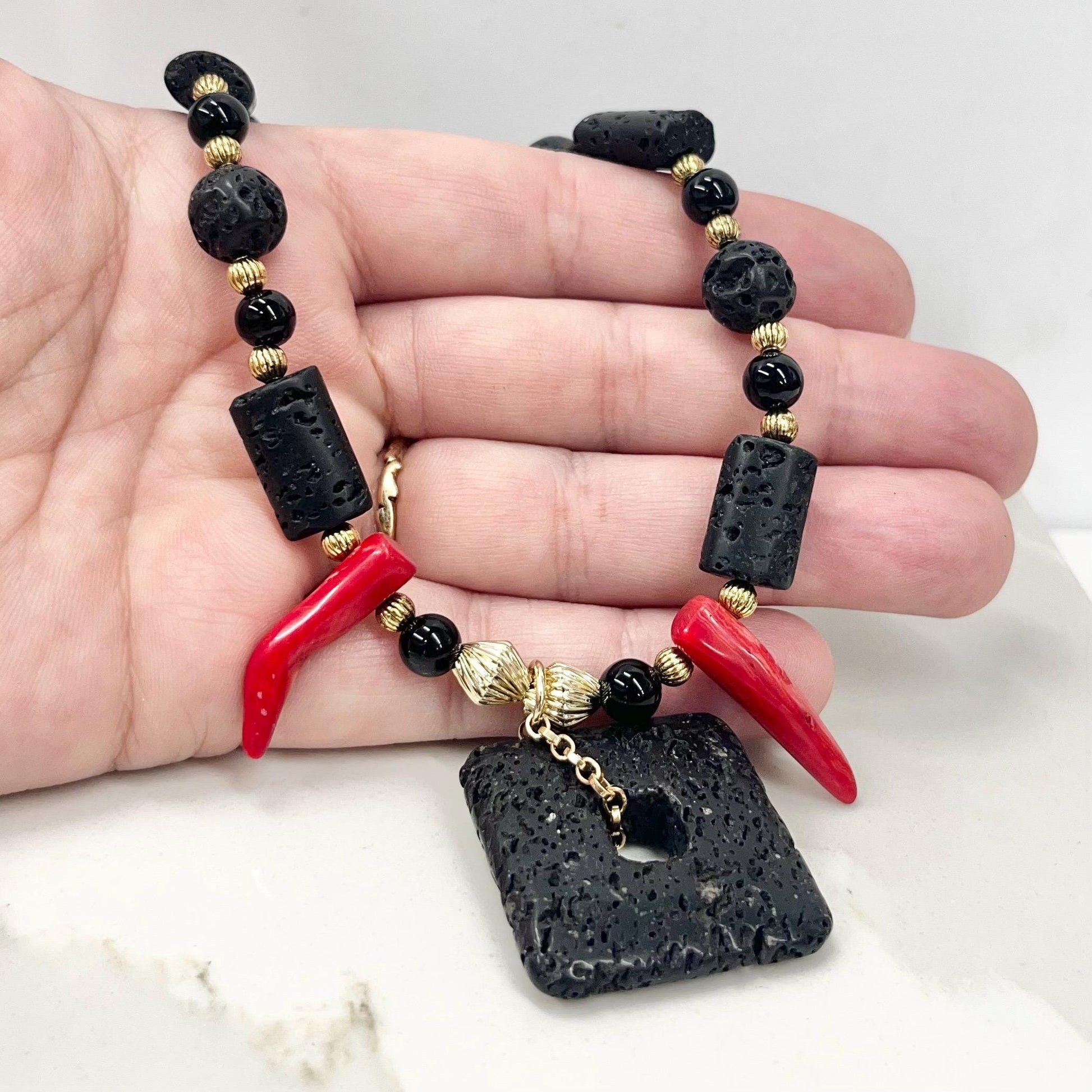 Vintage Black Lava Beaded & Red Coral Chunky Bead Necklace with Golden Accents Long 18” - Milly Oliver Design MillyOliverVintage
