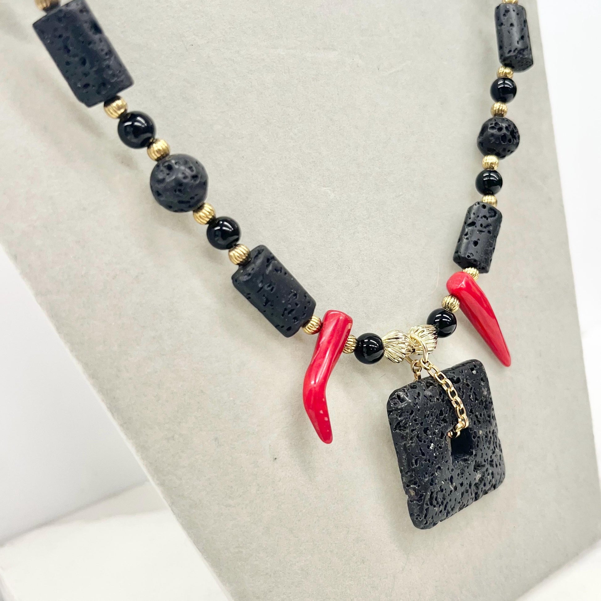 Vintage Black Lava Beaded & Red Coral Chunky Bead Necklace with Golden Accents Long 18” - Milly Oliver Design MillyOliverVintage