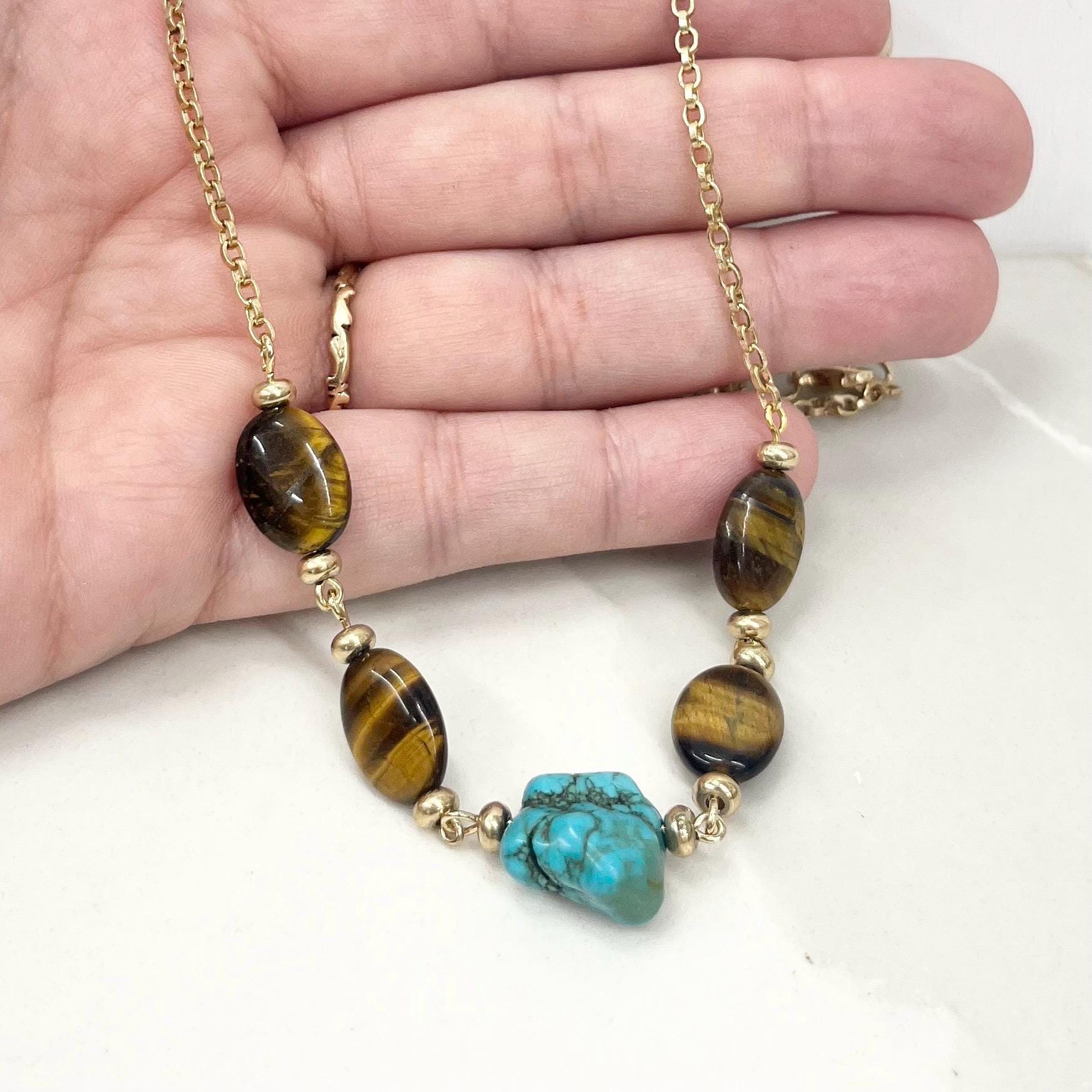 Tigers Eye Semi Precious Gemstone Necklace with a Turquoise Nugget & Gold Tone Accents - by Milly Oliver MillyOliverVintage