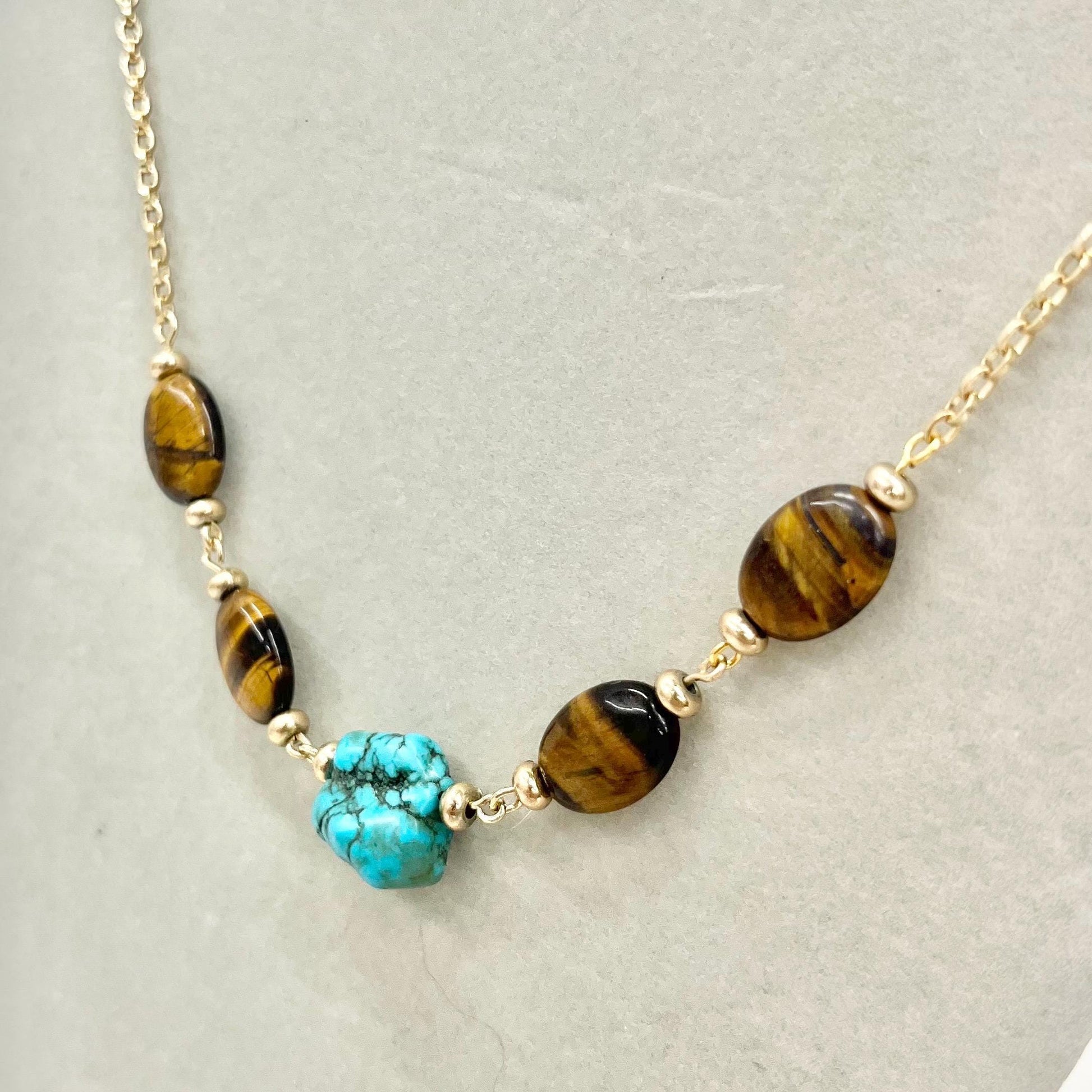 Tigers Eye Semi Precious Gemstone Necklace with a Turquoise Nugget & Gold Tone Accents - by Milly Oliver MillyOliverVintage