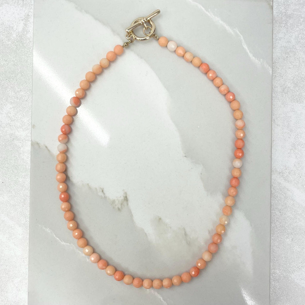 Faceted Pink Coral Bead Necklace with a Gold Plated Toggle Clasp 17” Long MillyOliverVintage