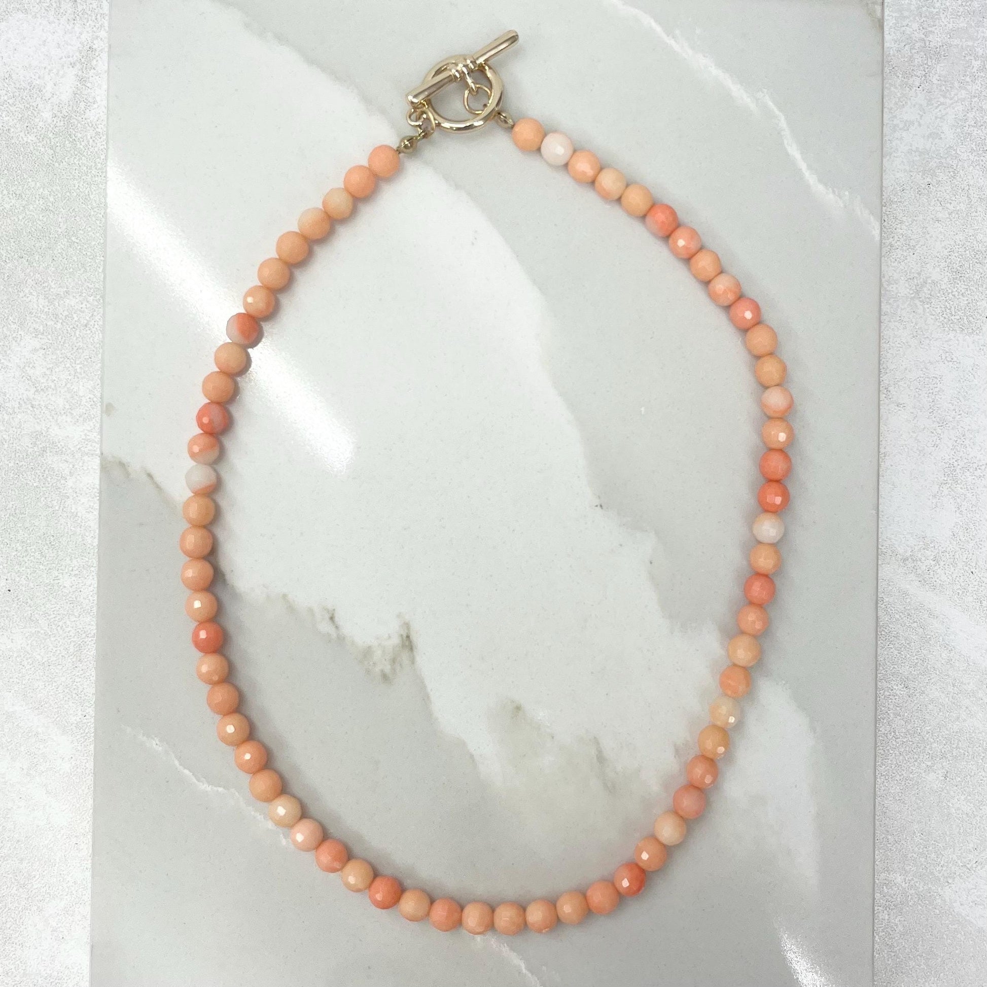Faceted Pink Coral Bead Necklace with a Gold Plated Toggle Clasp 17” Long MillyOliverVintage