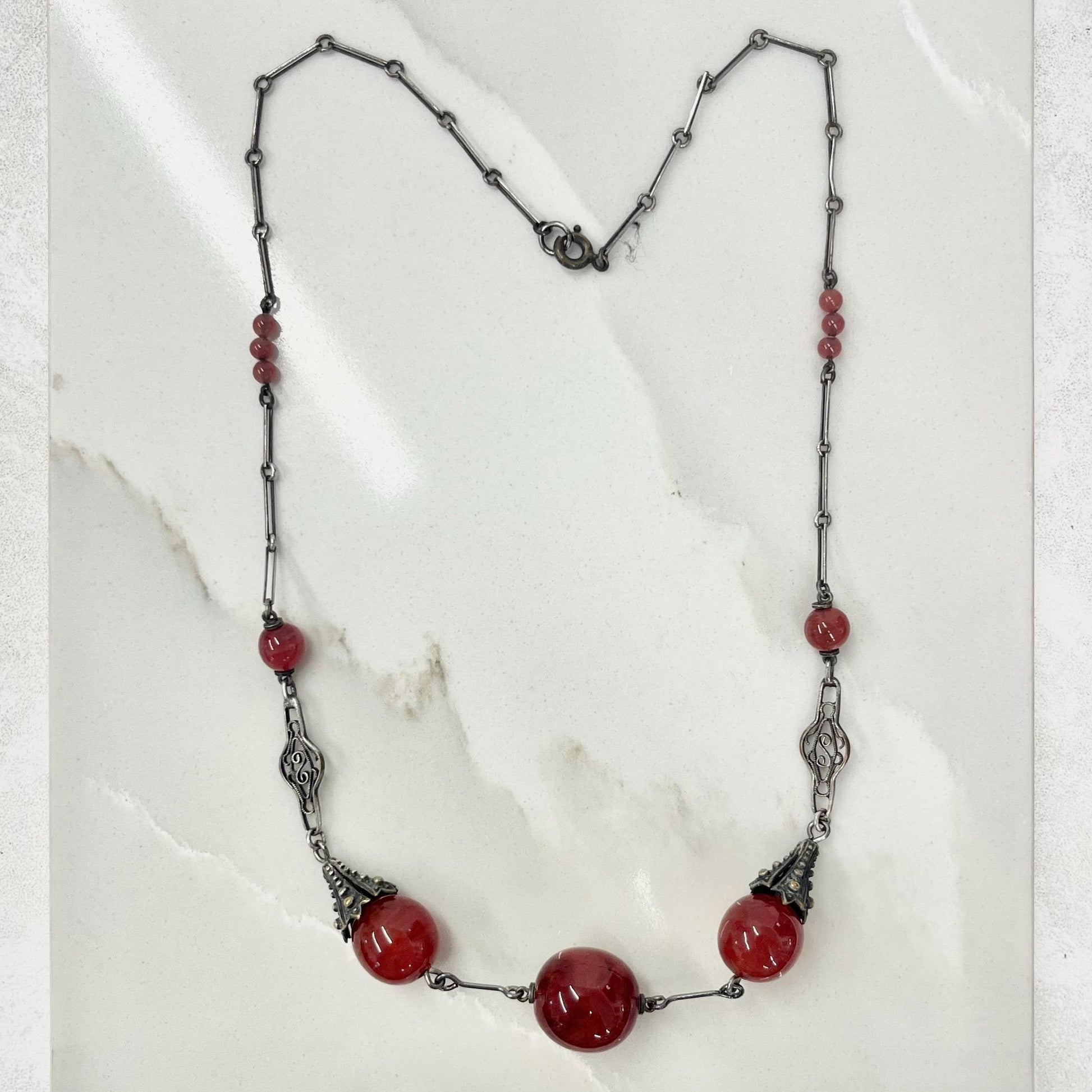 Czech Art Deco Red Carnelian Glass Uranium Bead Necklace UV Reactive Glow 18” Long MillyOliverVintage