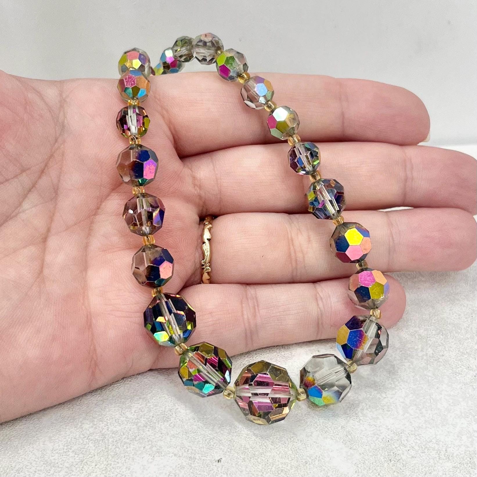 Vintage 1940’s - 1950’s Vitrail Aurora Borealis Graduated Austrian Crystal Bead Necklace 16” with a 2” extender MillyOliverVintage