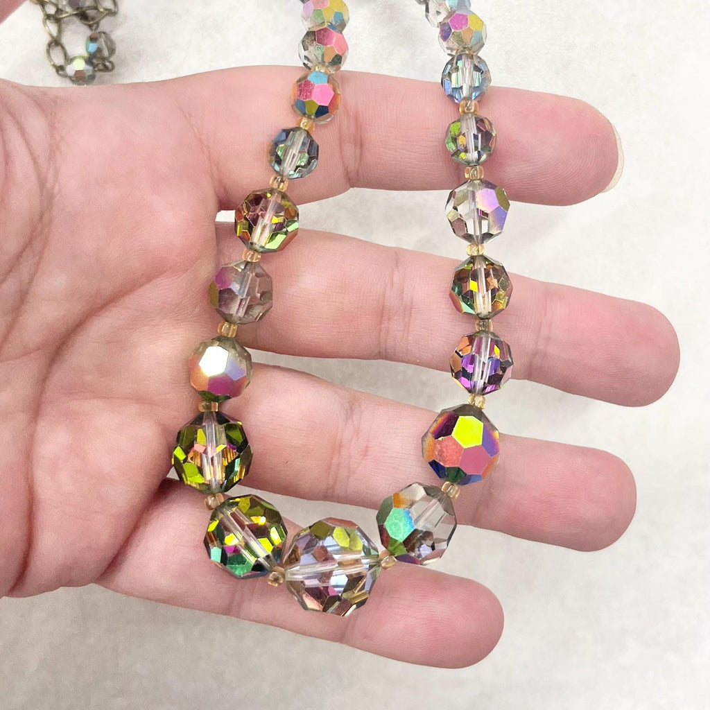 Vintage 1940’s - 1950’s Vitrail Aurora Borealis Graduated Austrian Crystal Bead Necklace 16” with a 2” extender MillyOliverVintage