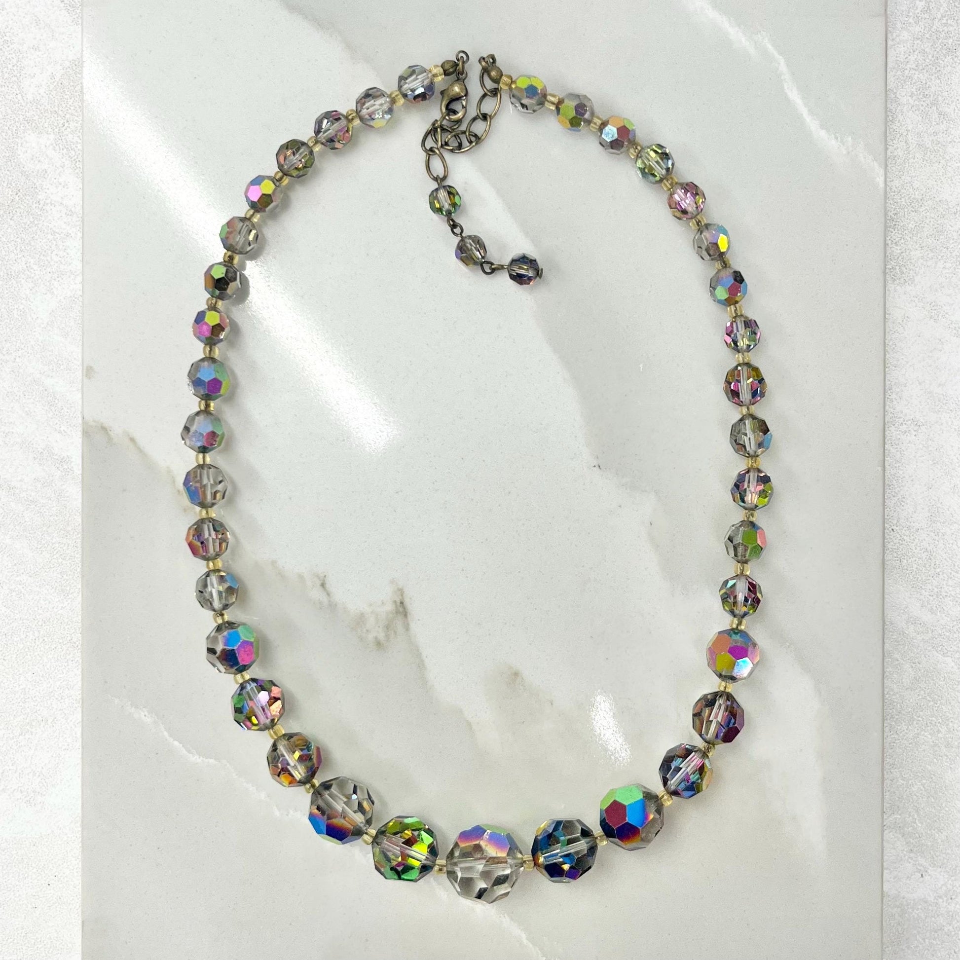 Vintage 1940’s - 1950’s Vitrail Aurora Borealis Graduated Austrian Crystal Bead Necklace 16” with a 2” extender MillyOliverVintage