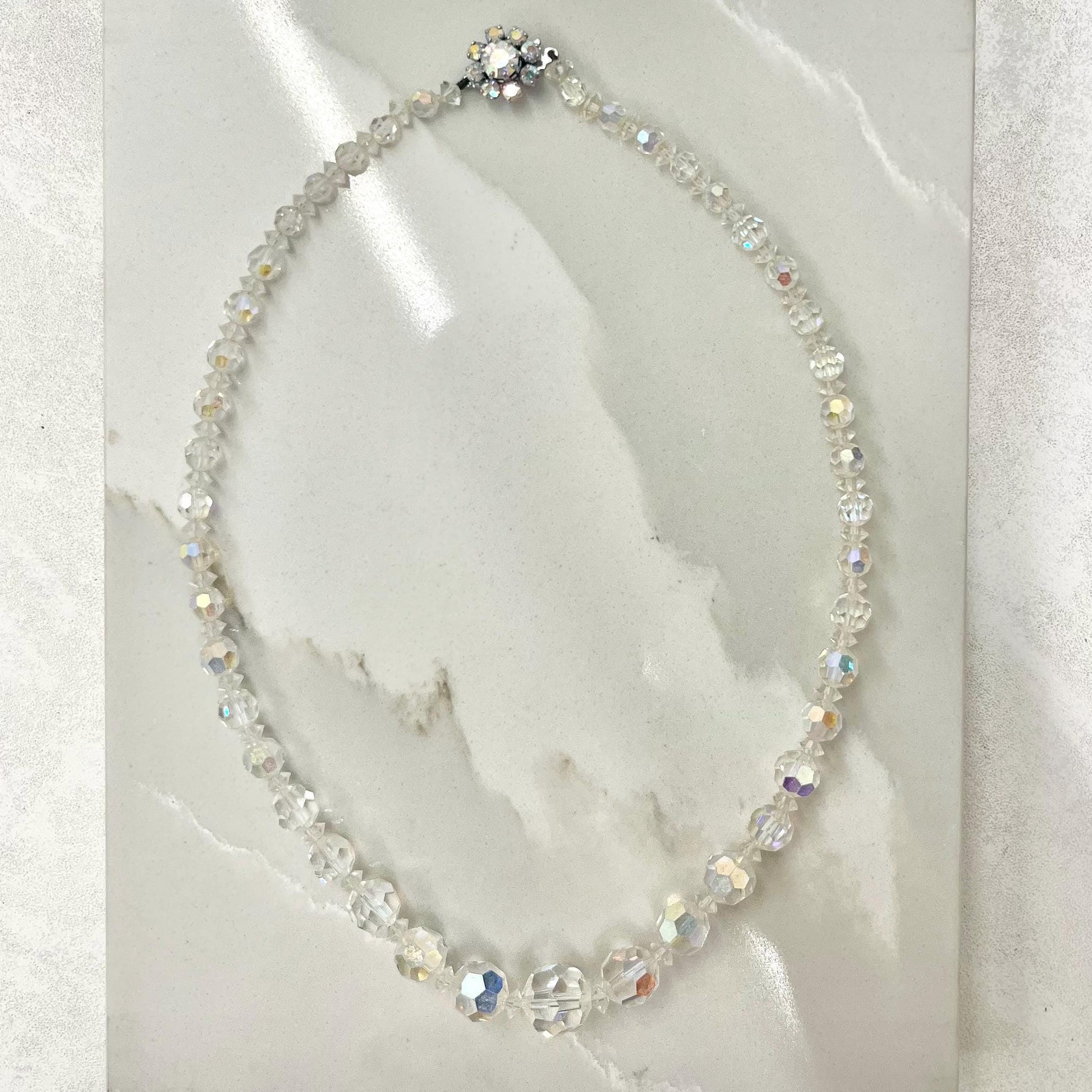 Vintage 1940’s - 1950’s Aurora Borealis Graduated Austrian Crystal Bead Necklace 16” with a Crystal Paste Clasp MillyOliverVintage