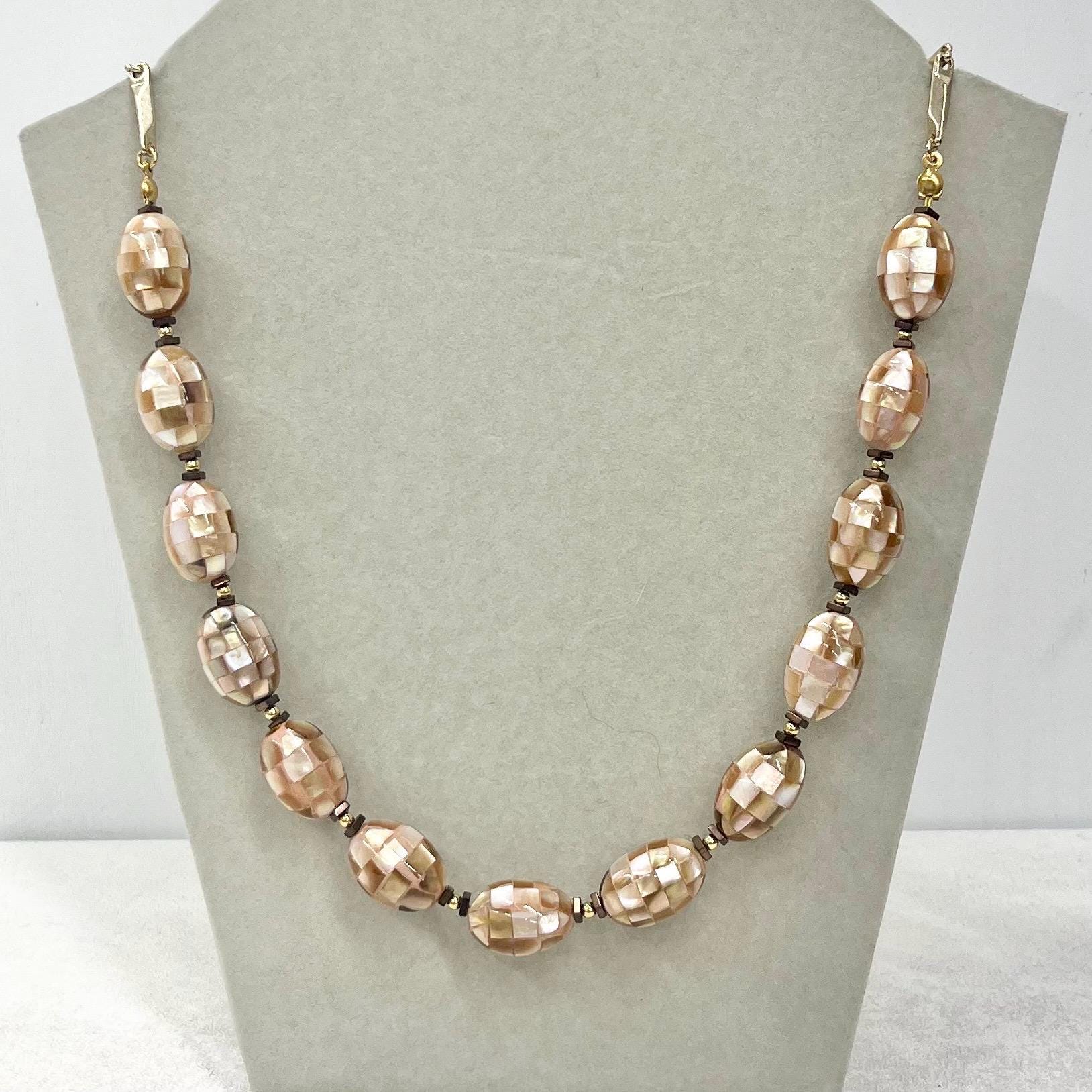 Peach Tan Mother of Pearl Shell Mosaic Bead Necklace Gold Plated Chain 20” Long - by Milly Oliver MillyOliverVintage