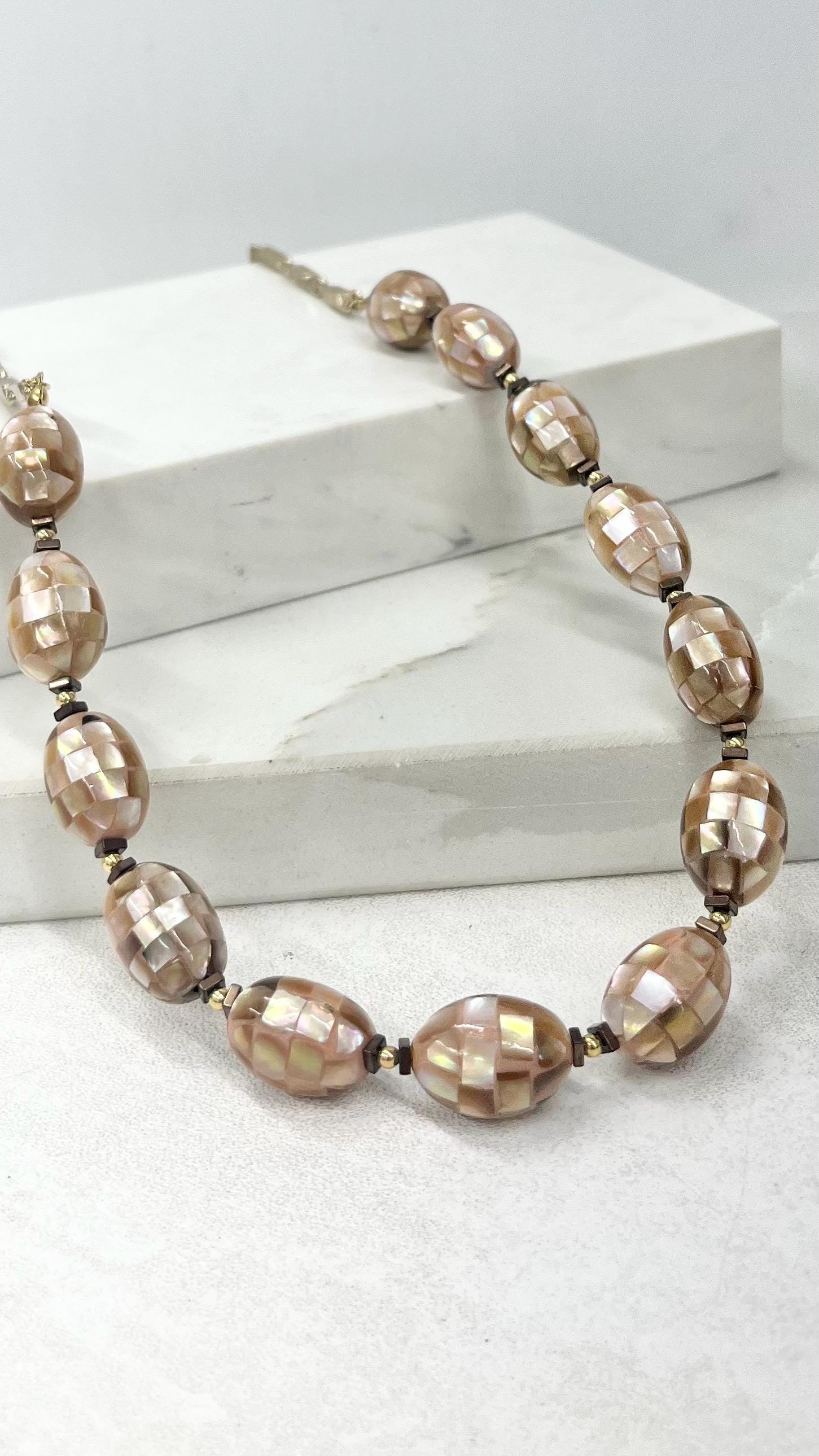 Peach Tan Mother of Pearl Shell Mosaic Bead Necklace Gold Plated Chain 20” Long - by Milly Oliver MillyOliverVintage