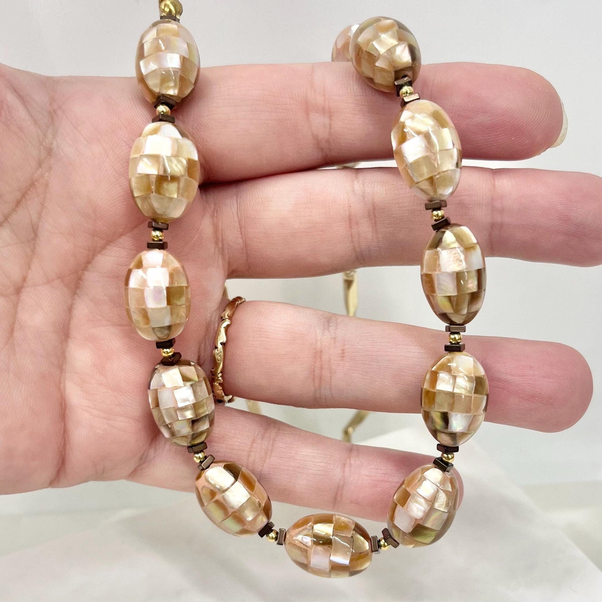 Peach Tan Mother of Pearl Shell Mosaic Bead Necklace Gold Plated Chain 20” Long - by Milly Oliver MillyOliverVintage
