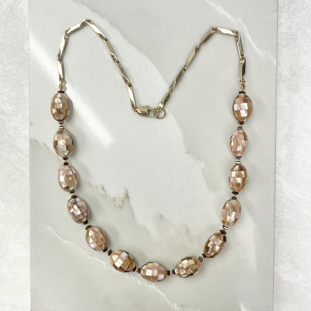 Peach Tan Mother of Pearl Shell Mosaic Bead Necklace Gold Plated Chain 20” Long - by Milly Oliver MillyOliverVintage