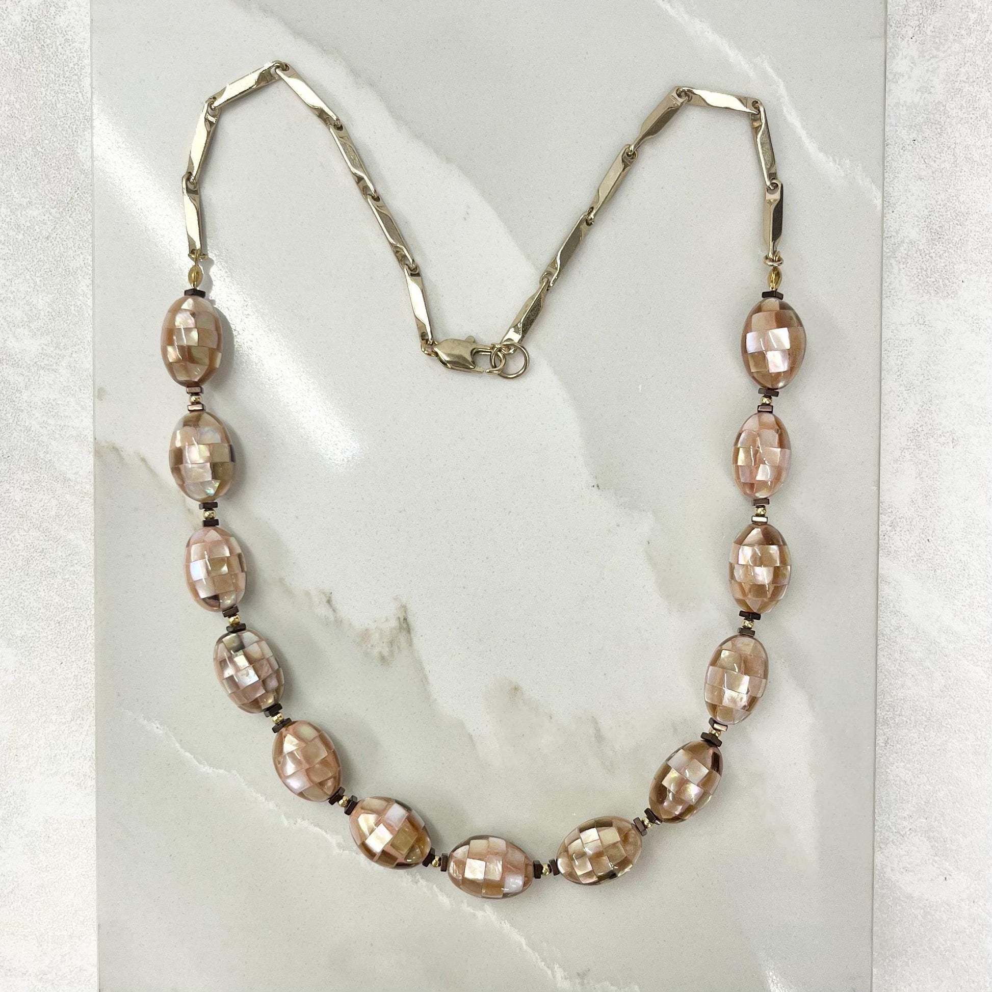 Peach Tan Mother of Pearl Shell Mosaic Bead Necklace Gold Plated Chain 20” Long - by Milly Oliver MillyOliverVintage