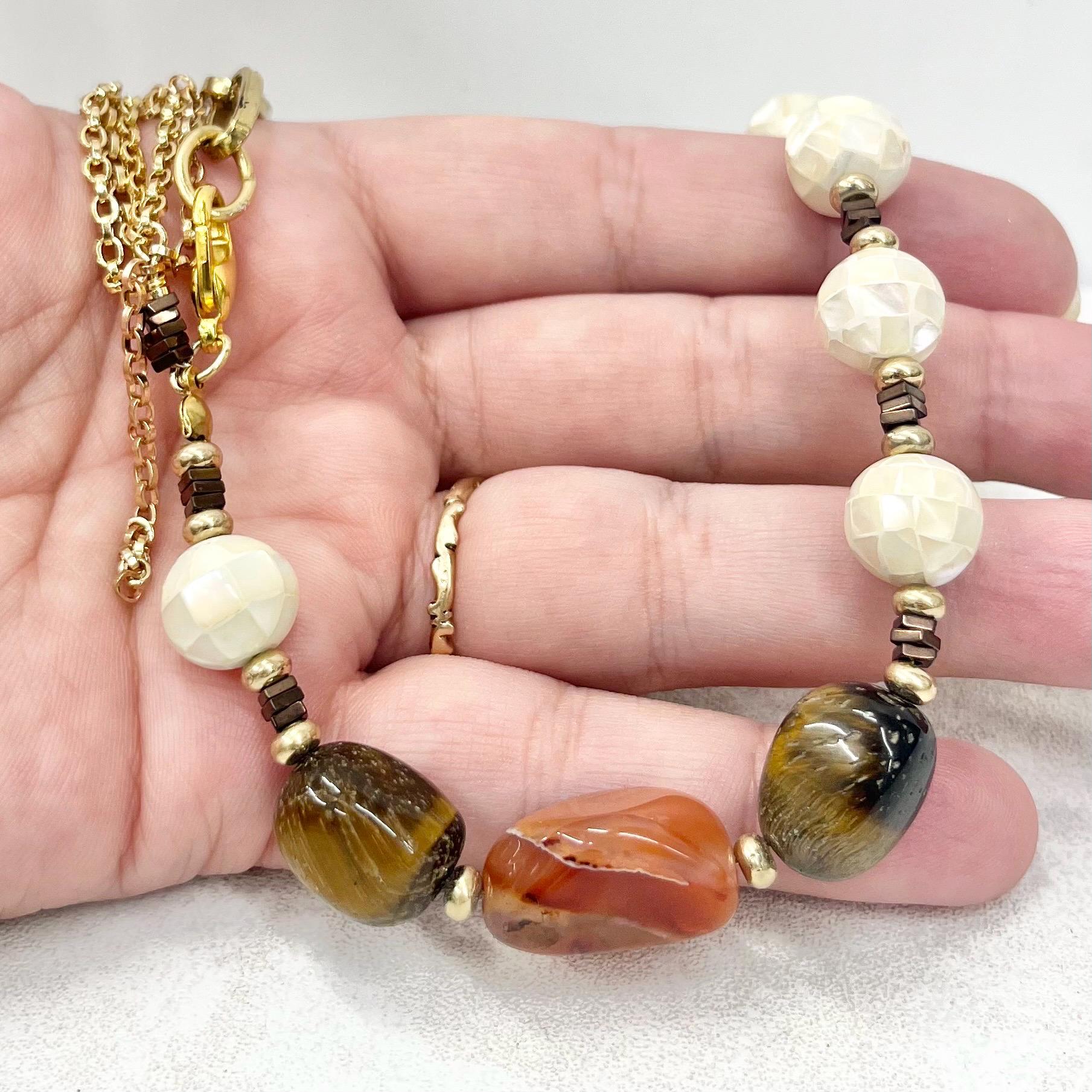 Asymetric Chain Mother Of Pearl Tigers Eye & Red Agate Tassle Drop Gold Plate Necklace 19” Long - by Milly Oliver MillyOliverVintage