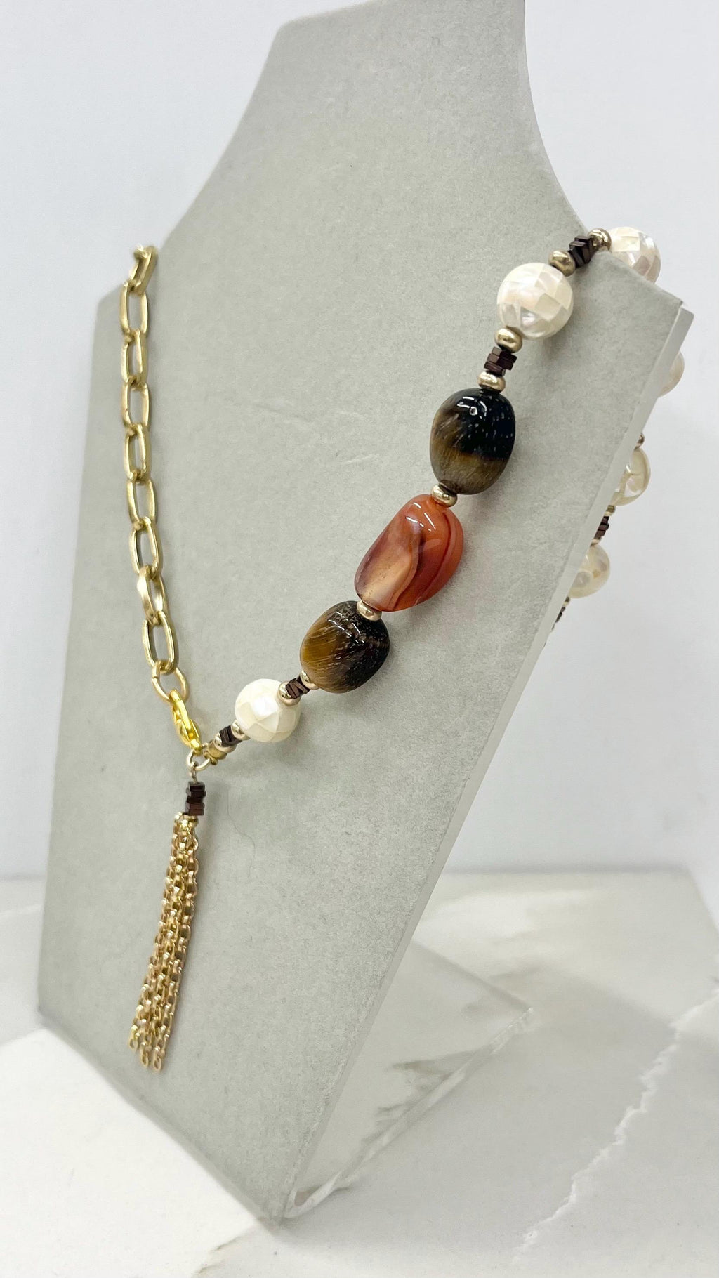 Asymetric Chain Mother Of Pearl Tigers Eye & Red Agate Tassle Drop Gold Plate Necklace 19” Long - by Milly Oliver MillyOliverVintage