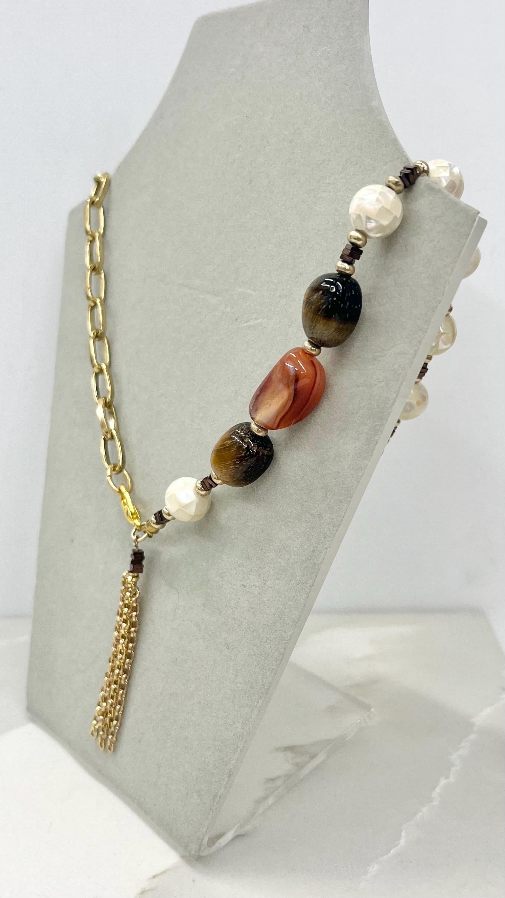 Asymetric Chain Mother Of Pearl Tigers Eye & Red Agate Tassle Drop Gold Plate Necklace 19” Long - by Milly Oliver MillyOliverVintage